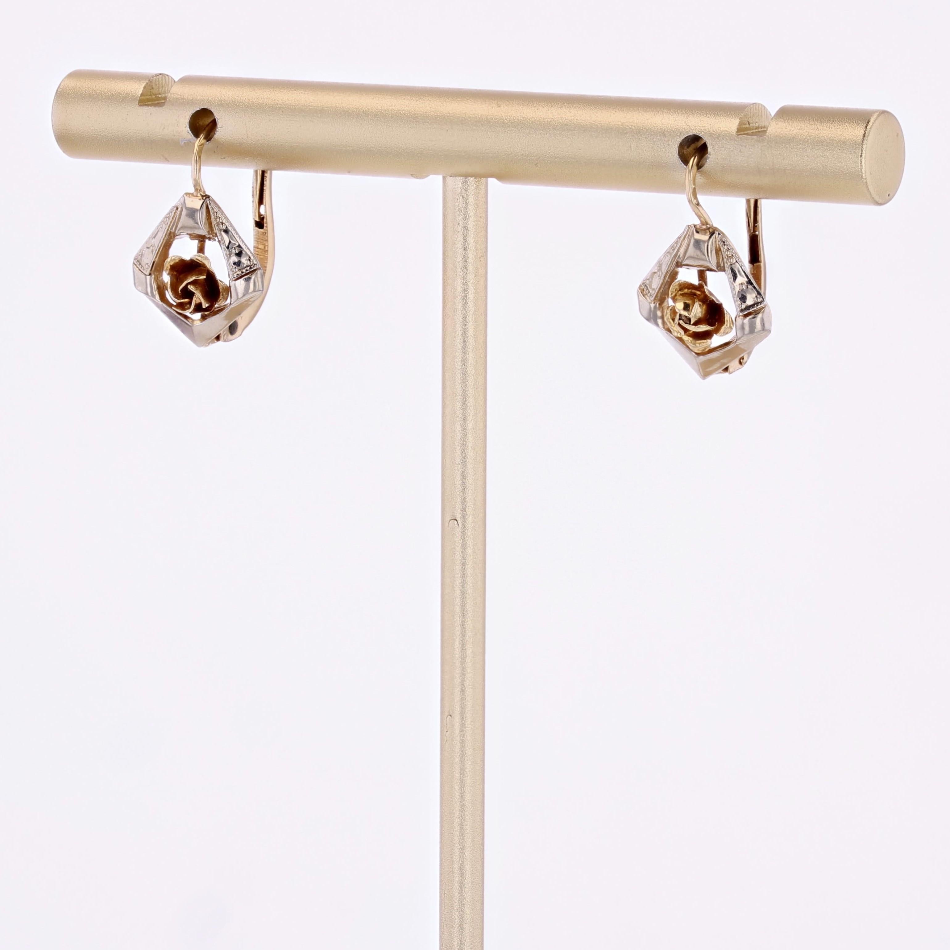 French 20th Century 18 Karat Yellow White Gold Lever Back Earrings For Sale 1