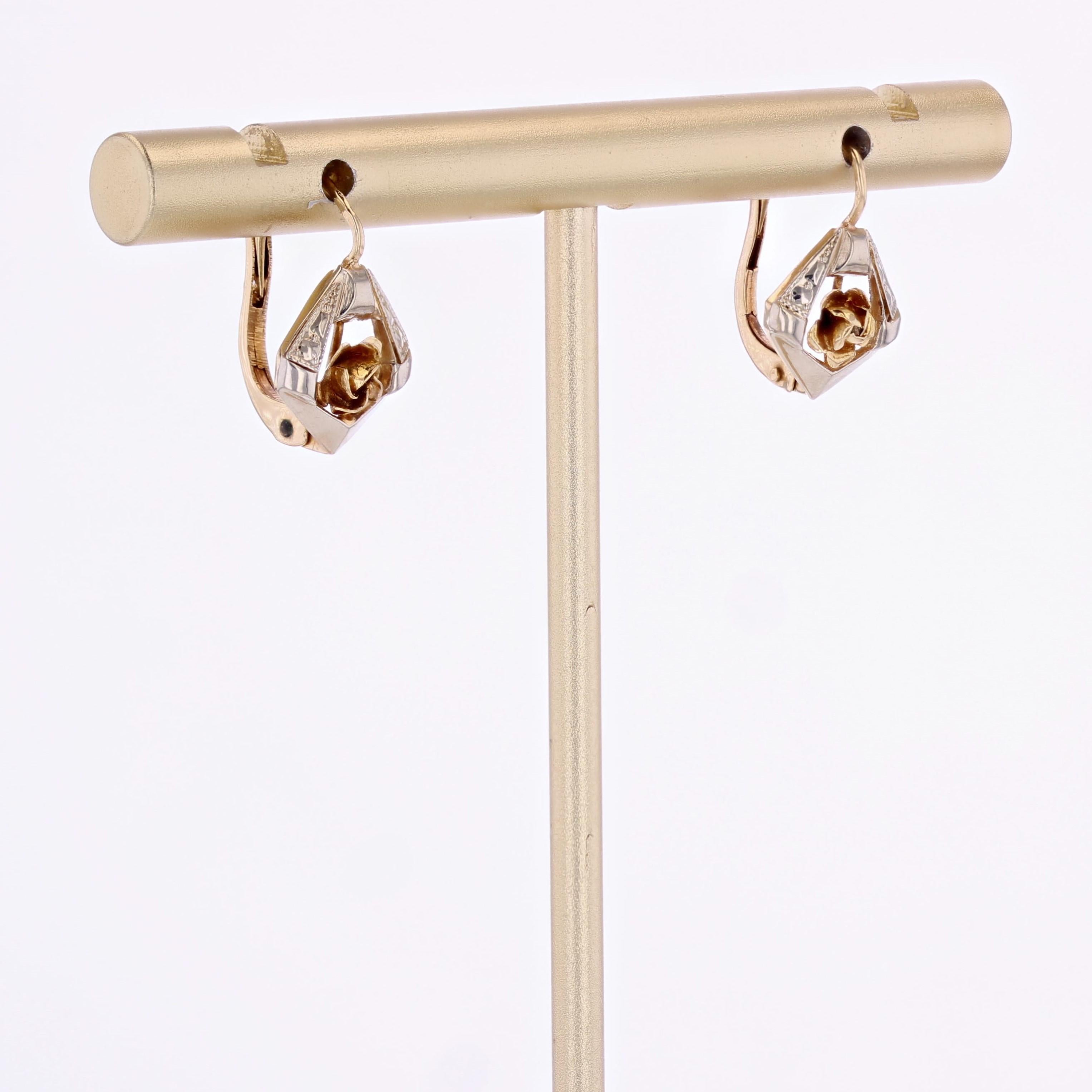 French 20th Century 18 Karat Yellow White Gold Lever Back Earrings For Sale 2