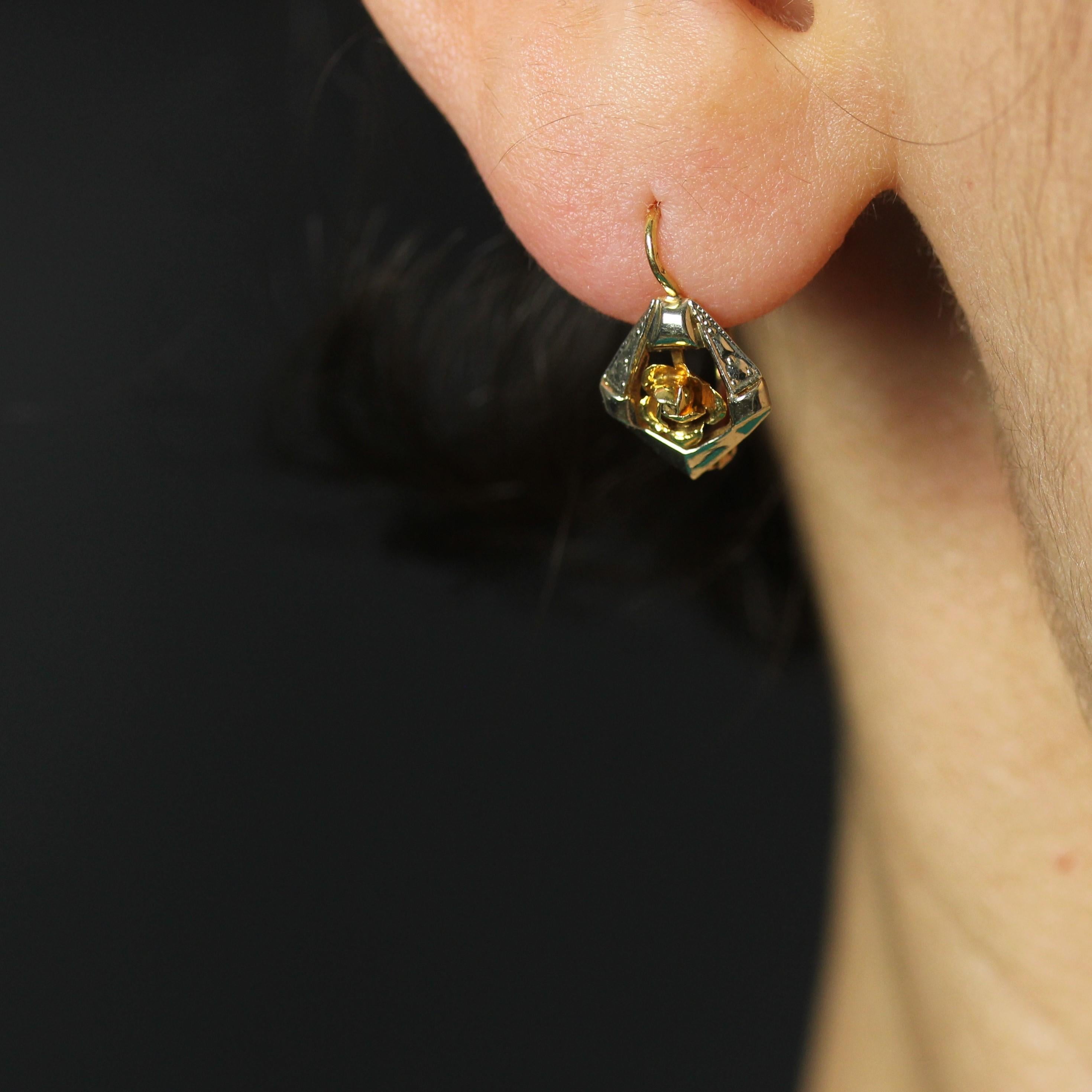 French 20th Century 18 Karat Yellow White Gold Lever Back Earrings For Sale 3