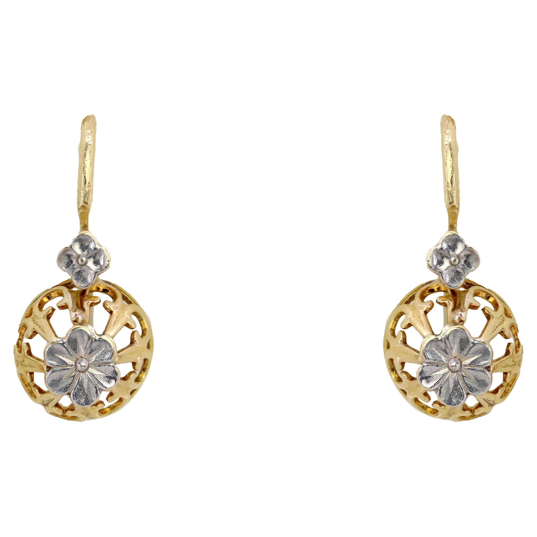 French 20th Century 18 Karat Yellow White Gold Lever Back Flower Earrings