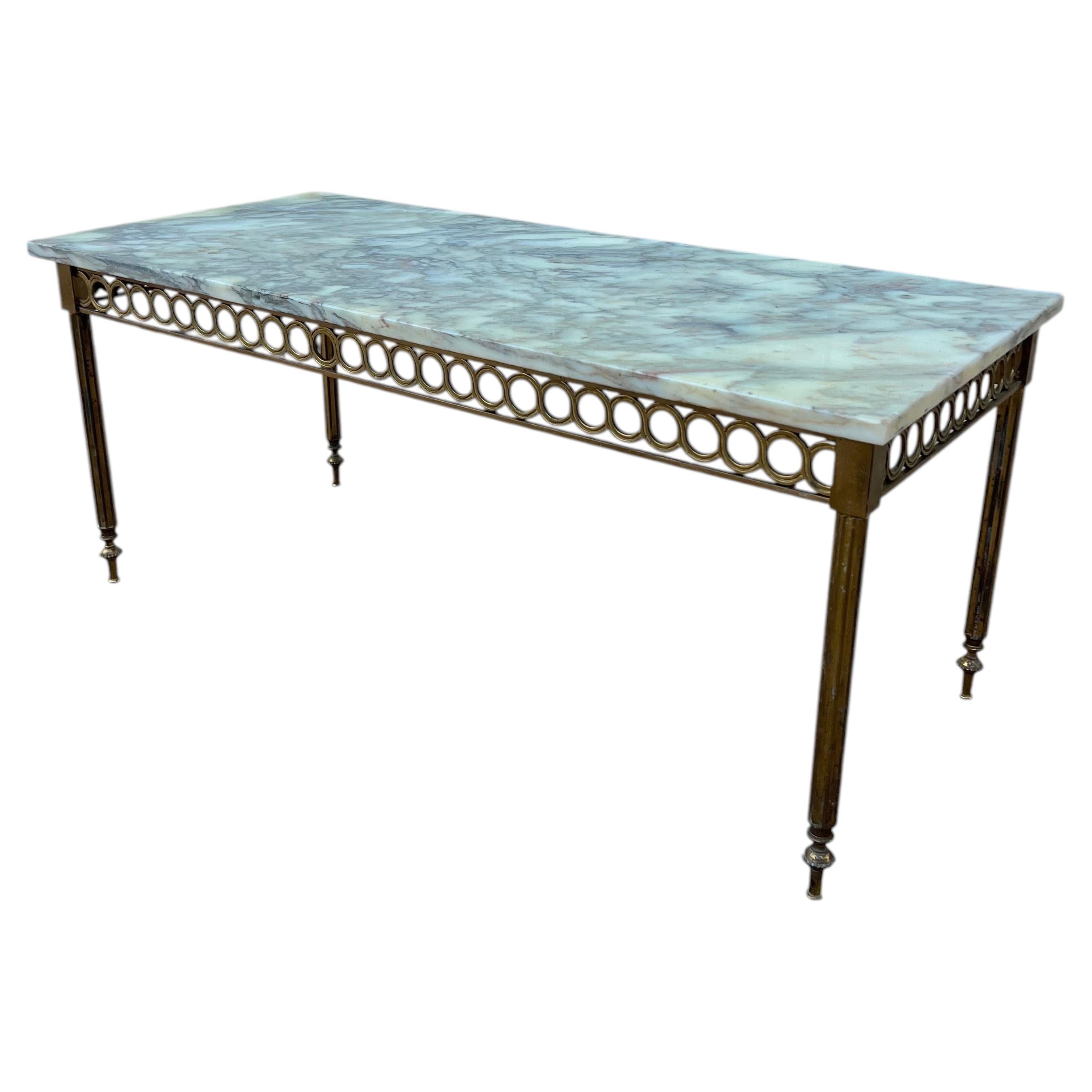 French 20th Century 1950's Louis XVI Marble Top Bronze Coffee Table For Sale