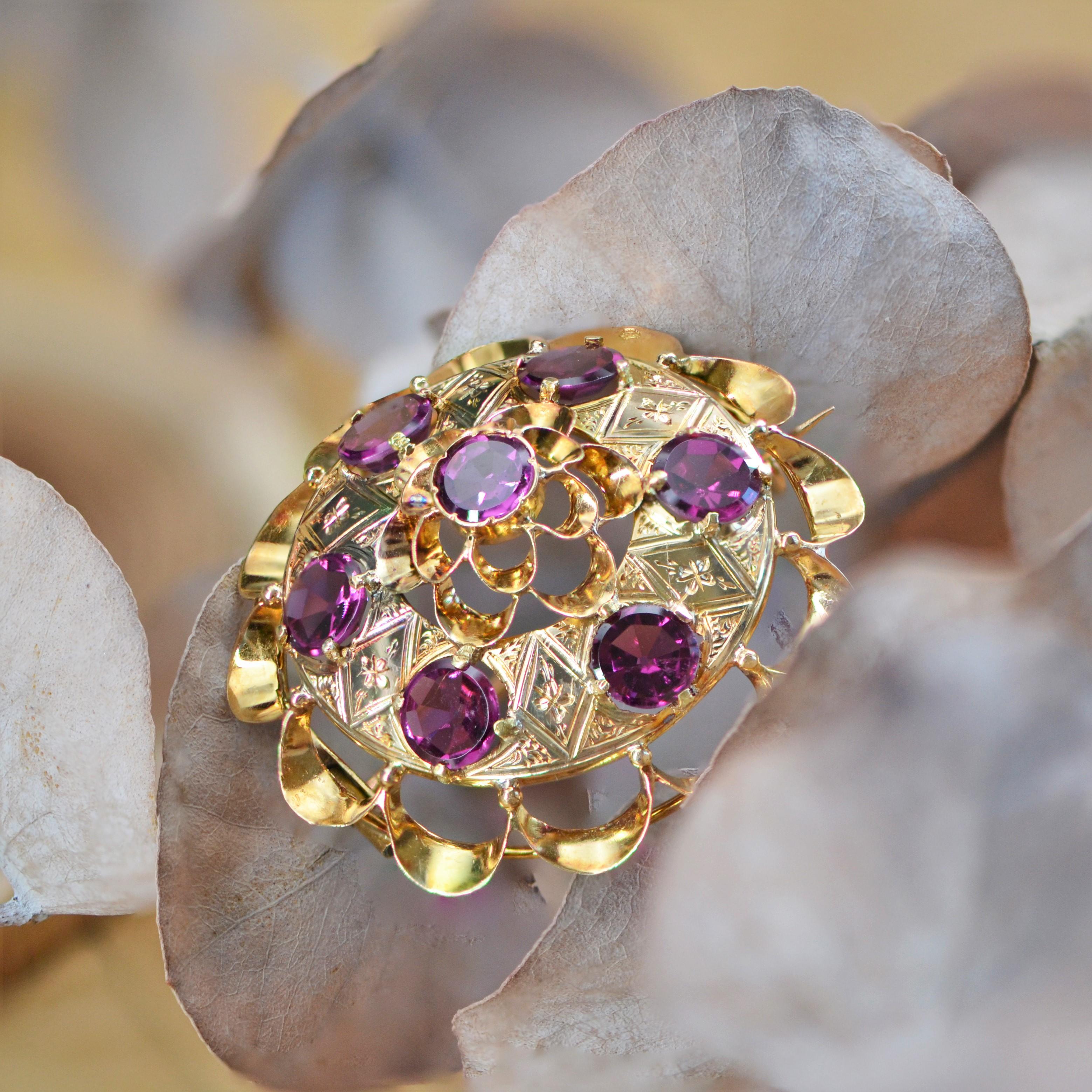 French, 20th Century 4 Carats Garnet 18 Karat Yellow Gold Brooch For Sale 2