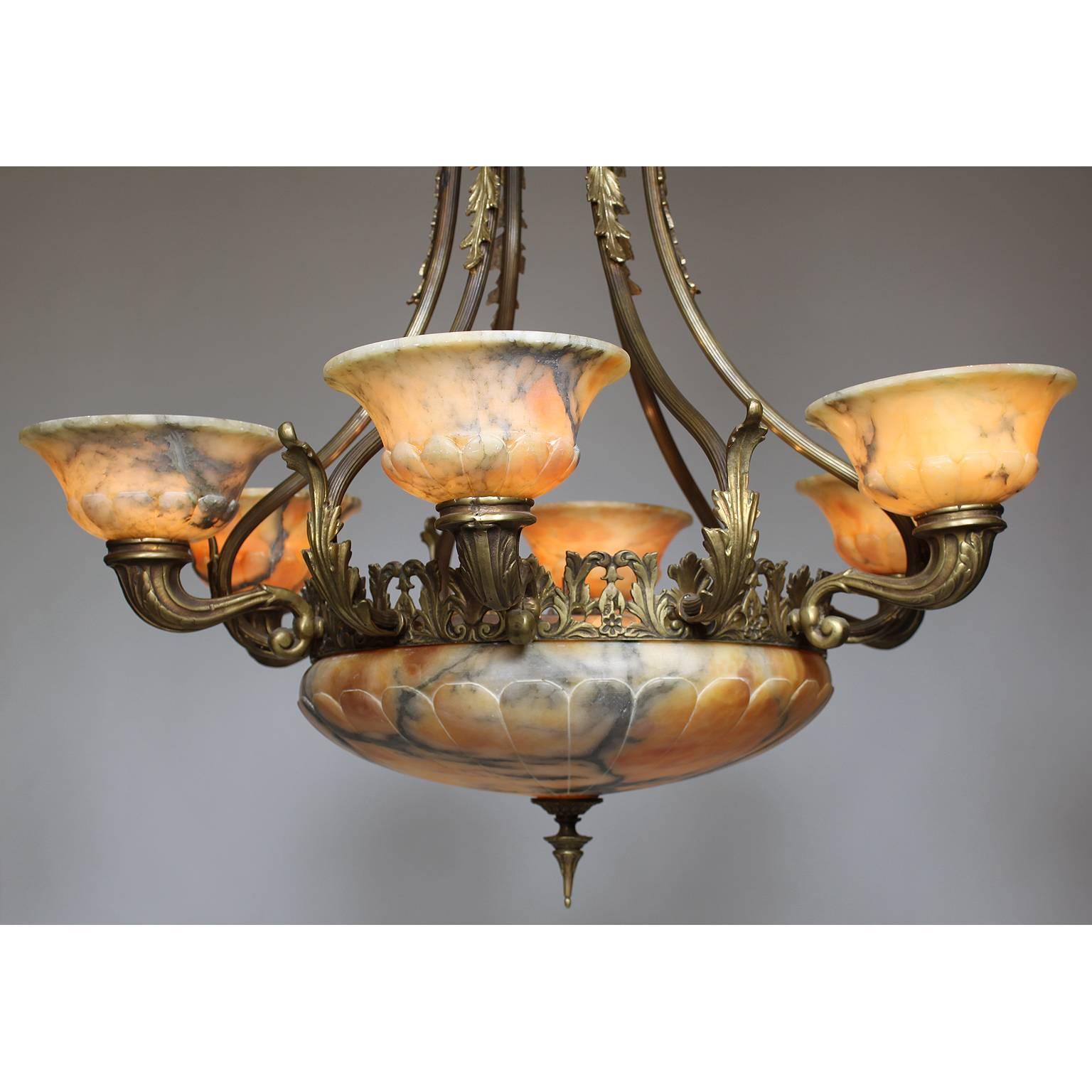 Carved French 20th Century Art Deco Bronze and Alabaster Six-Light Chandelier