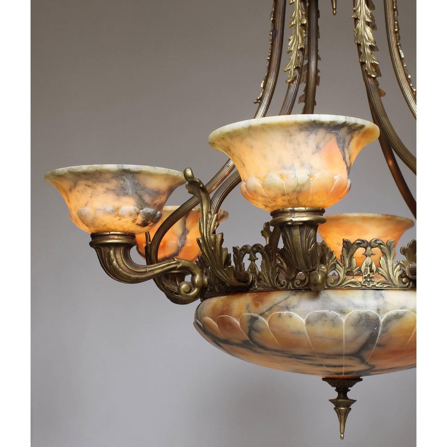 French 20th Century Art Deco Bronze and Alabaster Six-Light Chandelier In Excellent Condition In Los Angeles, CA