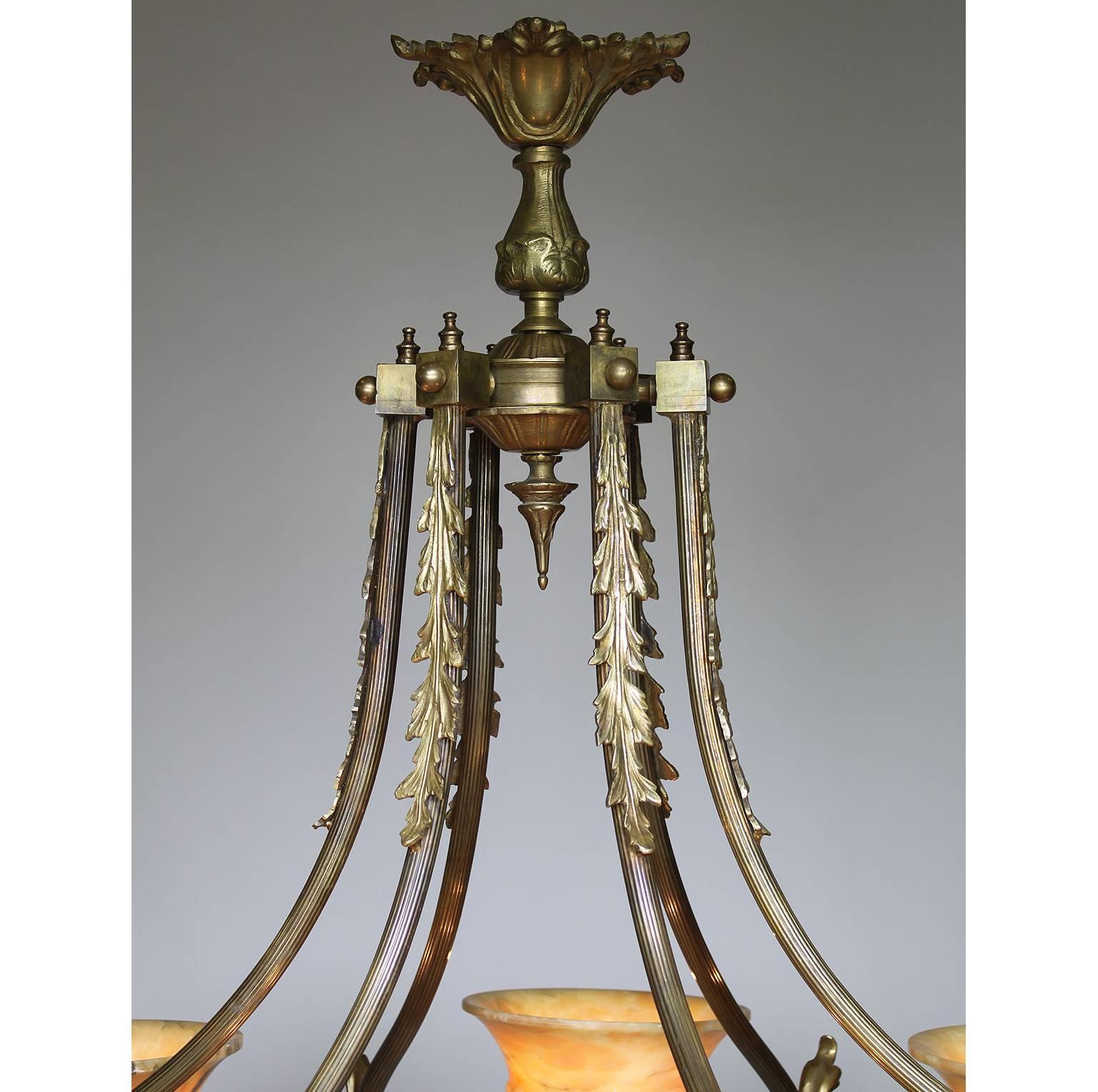 French 20th Century Art Deco Bronze and Alabaster Six-Light Chandelier 1