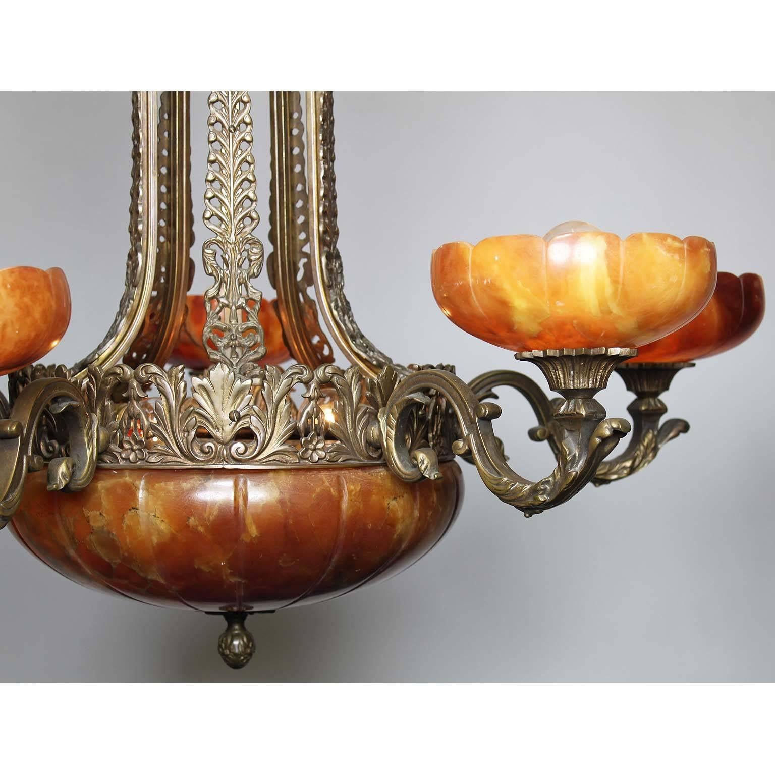 French 20th Century Art Deco Bronze and Carved Alabaster Five-Light Chandelier In Good Condition In Los Angeles, CA