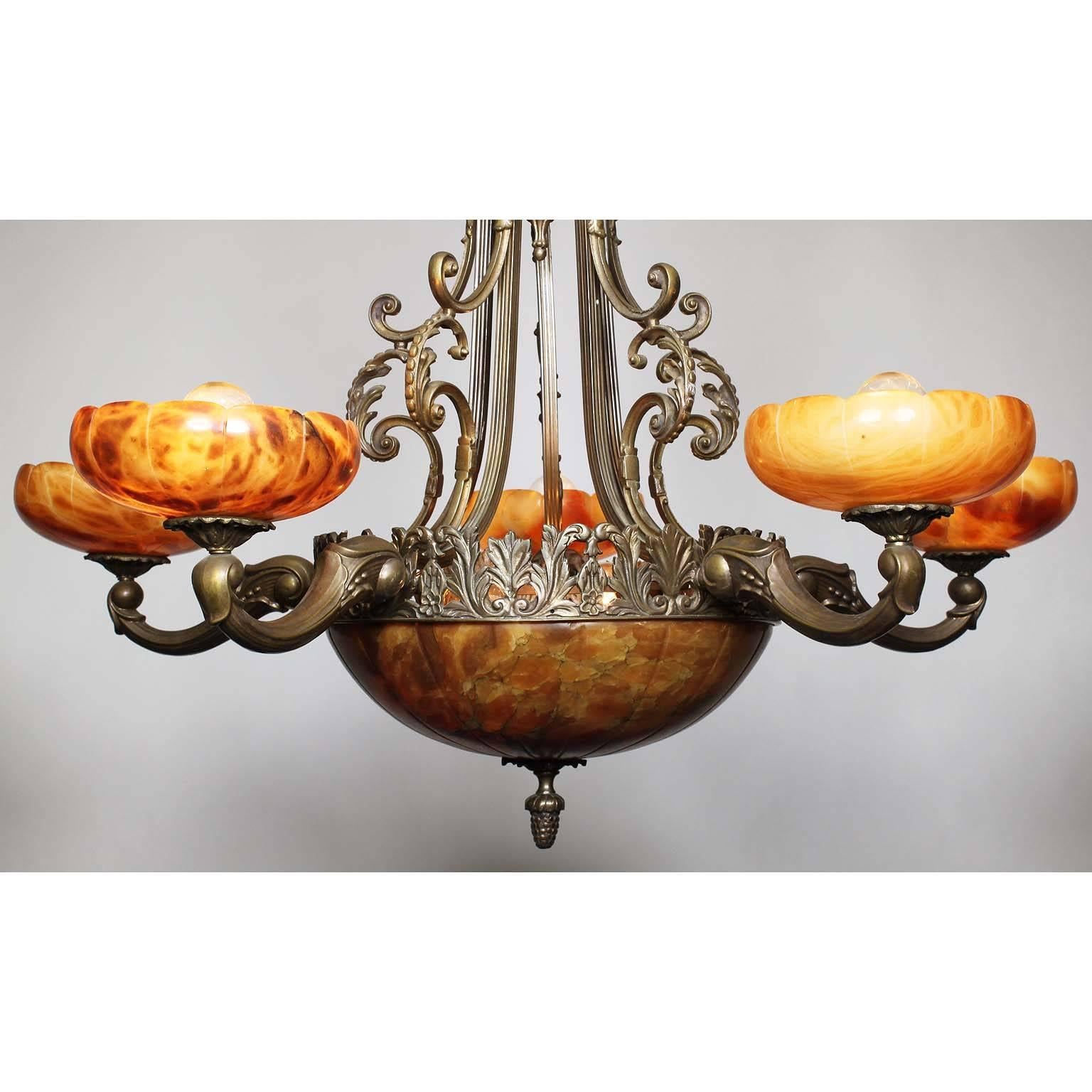 French 20th Century Art Deco Bronze and Carved Alabaster Five-Light Chandelier 1