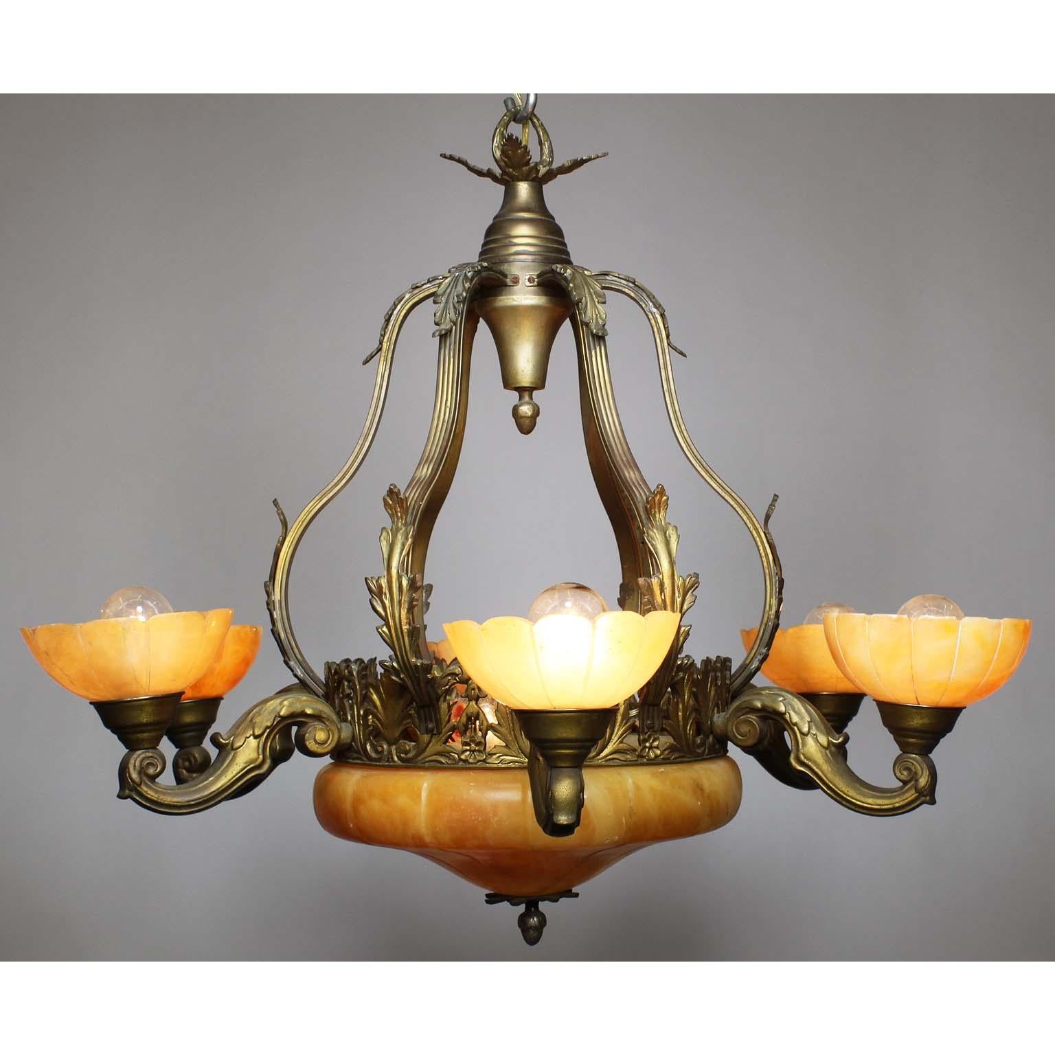 French 20th Century Art Deco Bronze and Carved Alabaster Six-Light Chandelier In Fair Condition For Sale In Los Angeles, CA