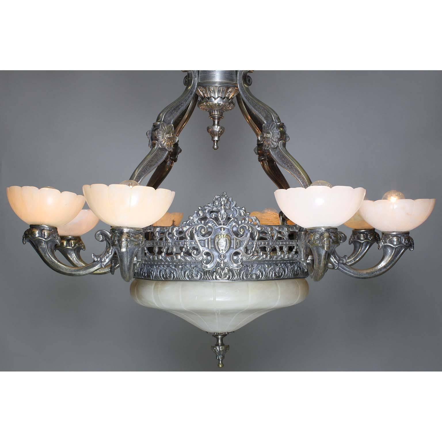 Carved French 20th Century Art Deco Silvered Bronze & Alabaster Eight-Light Chandelier For Sale