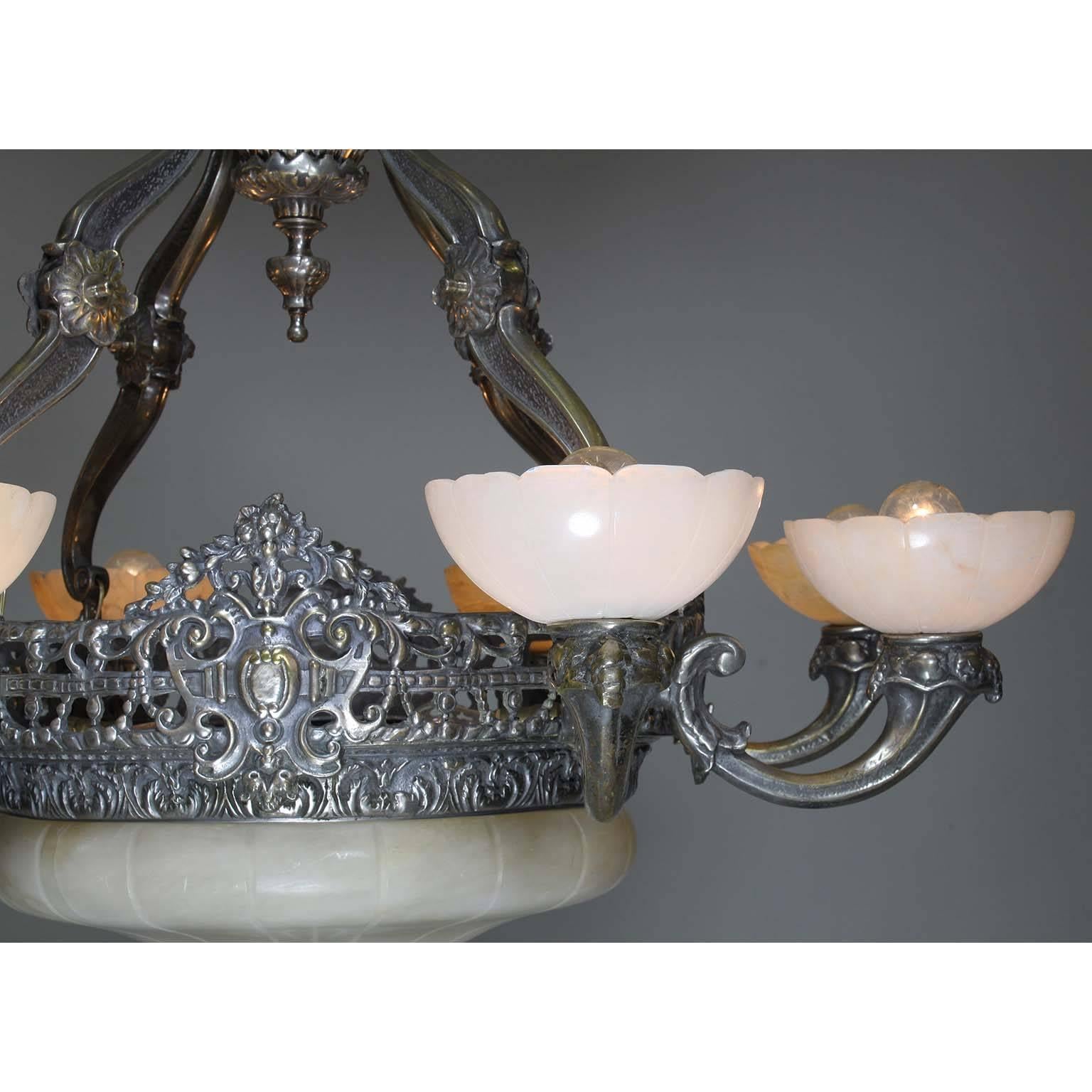 French 20th Century Art Deco Silvered Bronze & Alabaster Eight-Light Chandelier In Good Condition For Sale In Los Angeles, CA