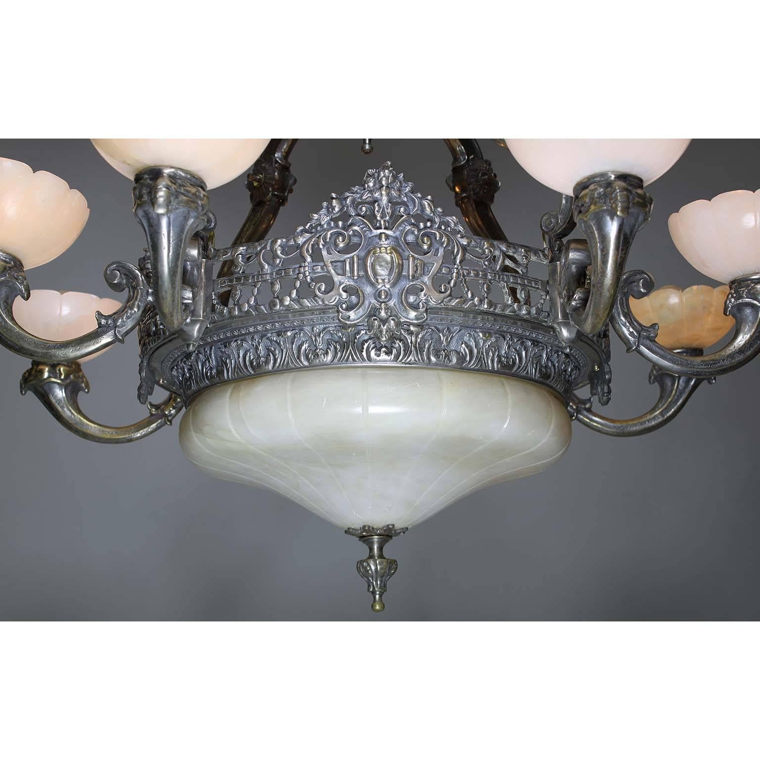 French 20th Century Art Deco Silvered Bronze & Alabaster Eight-Light Chandelier For Sale 1
