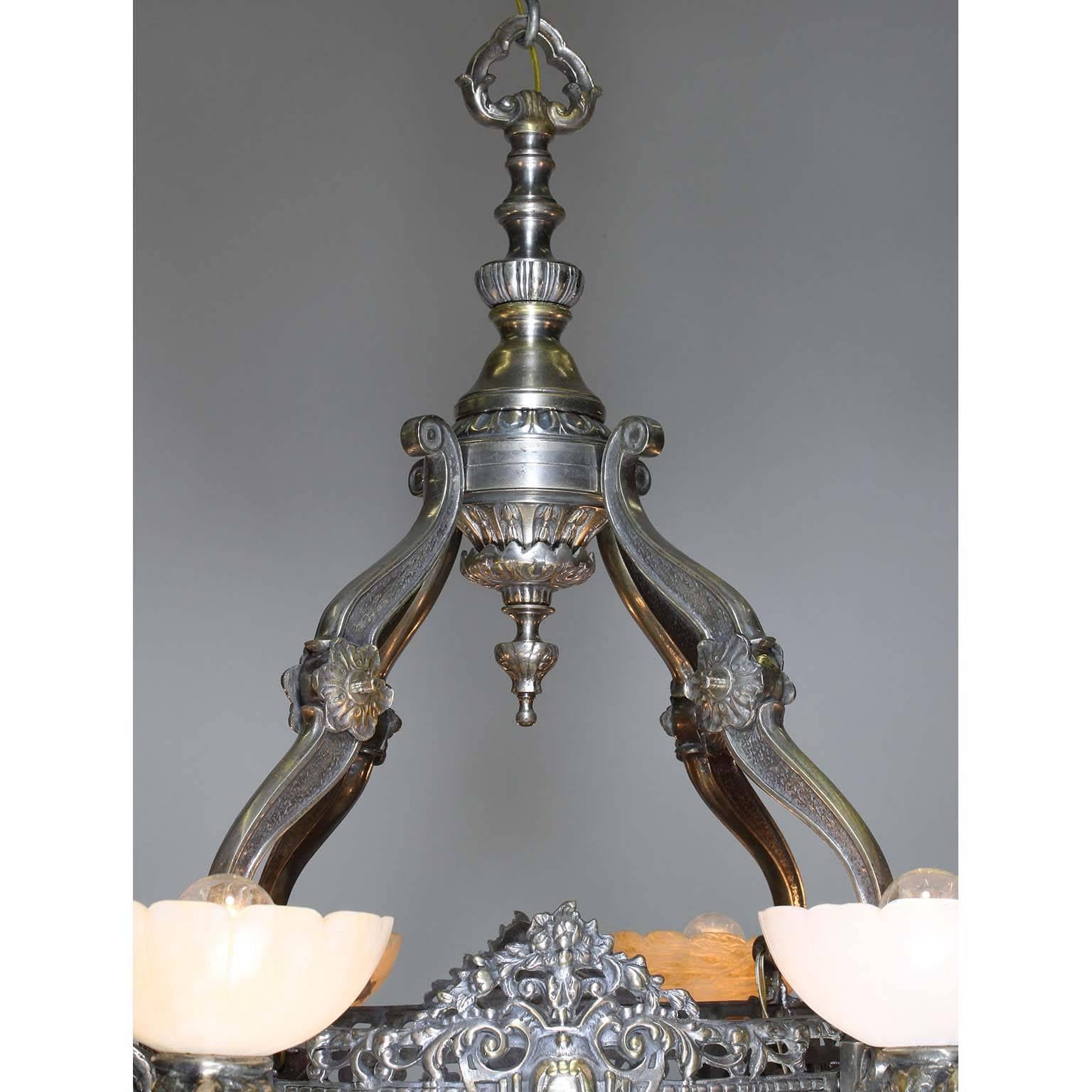 French 20th Century Art Deco Silvered Bronze & Alabaster Eight-Light Chandelier For Sale 2