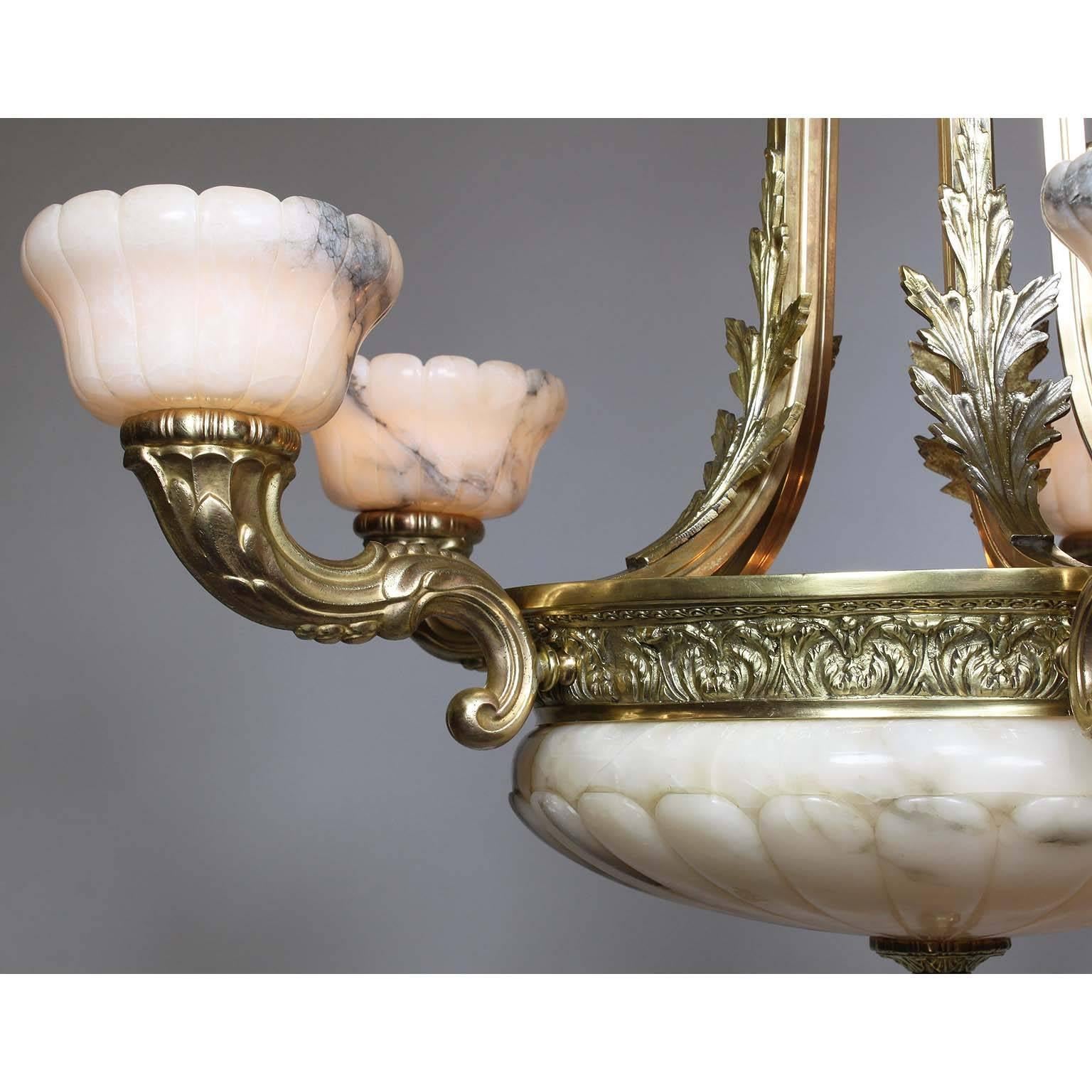 French 20th Century Art Deco Style Bronze and Carved Veined Alabaster Chandelier In Excellent Condition In Los Angeles, CA