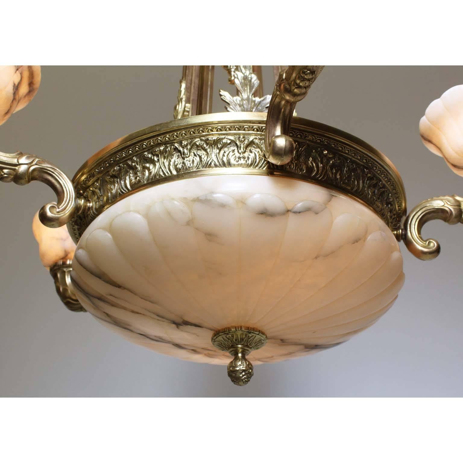 French 20th Century Art Deco Style Bronze and Carved Veined Alabaster Chandelier 1