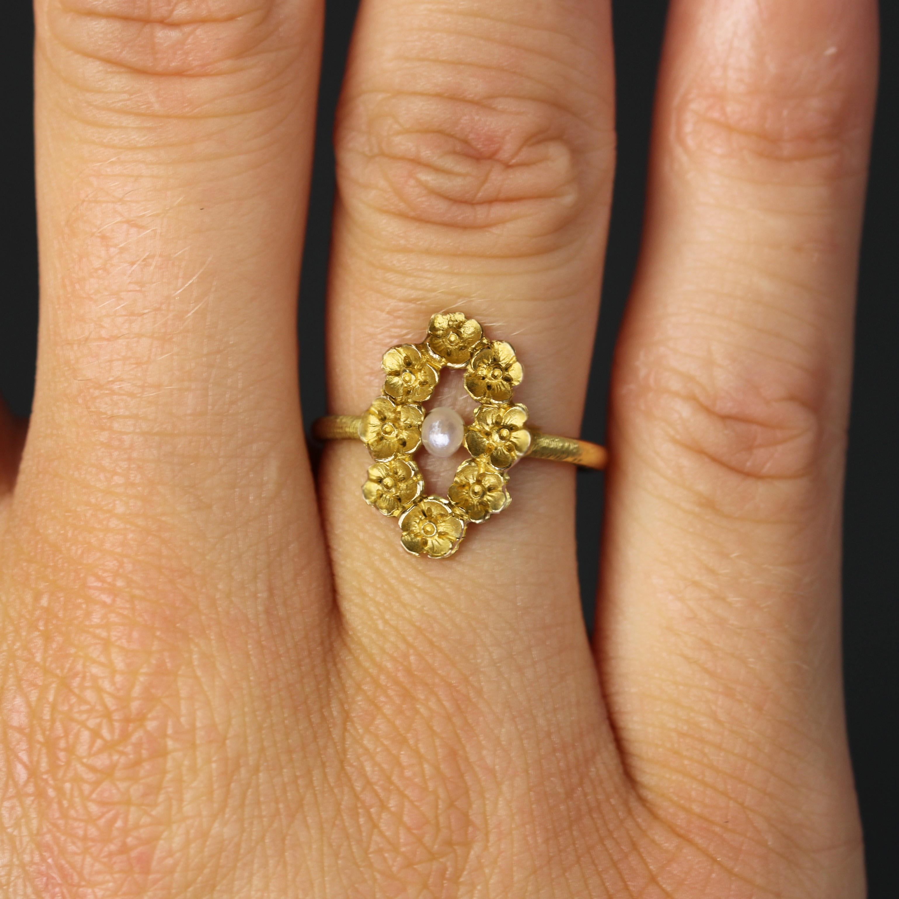 French 20th Century Art Nouveau Fine Pearl 18 Karat Yellow Gold Floral Ring 1