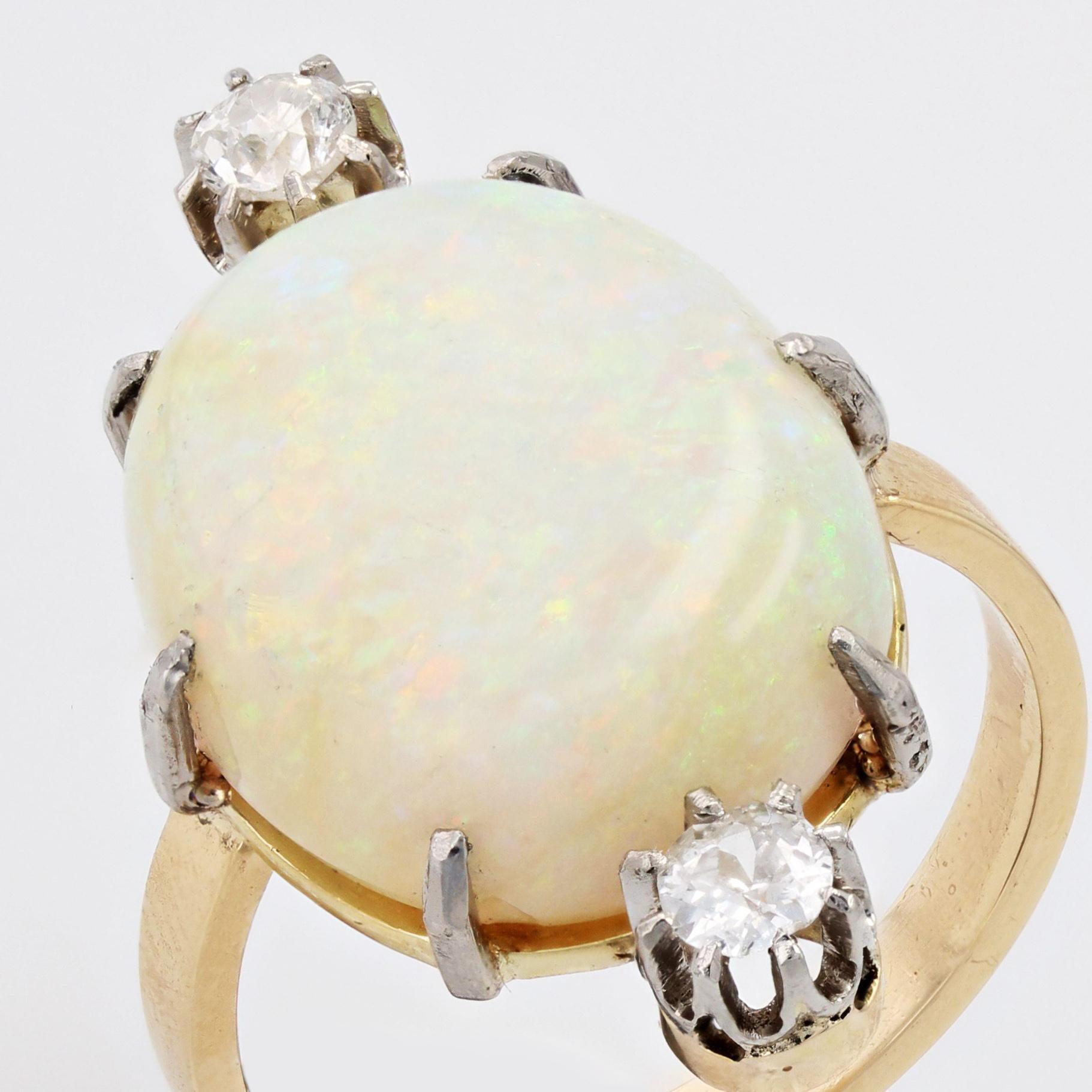 French 20th Century Australian Opal Diamonds 18 Karat Yellow Gold Ring For Sale 2