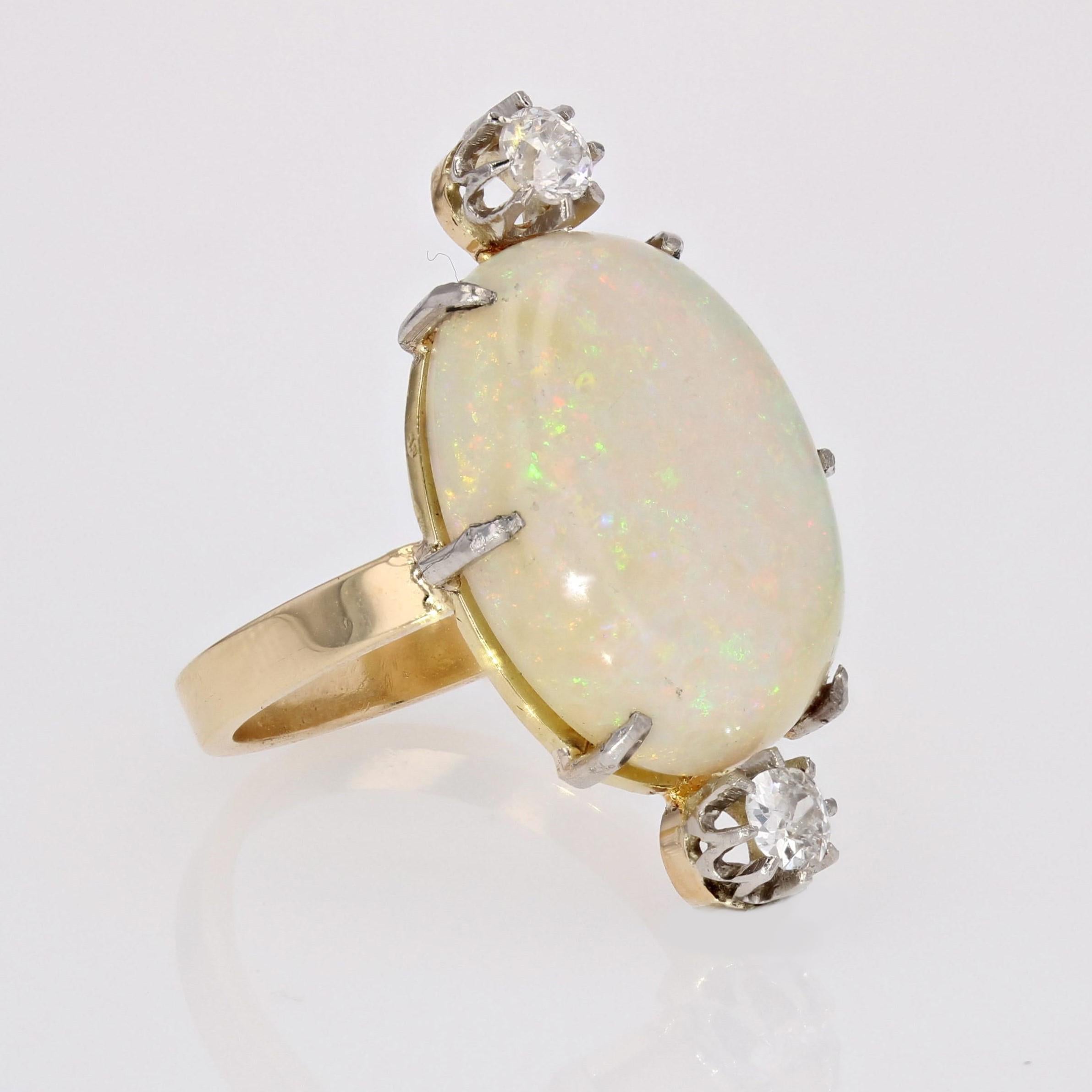 French 20th Century Australian Opal Diamonds 18 Karat Yellow Gold Ring For Sale 4