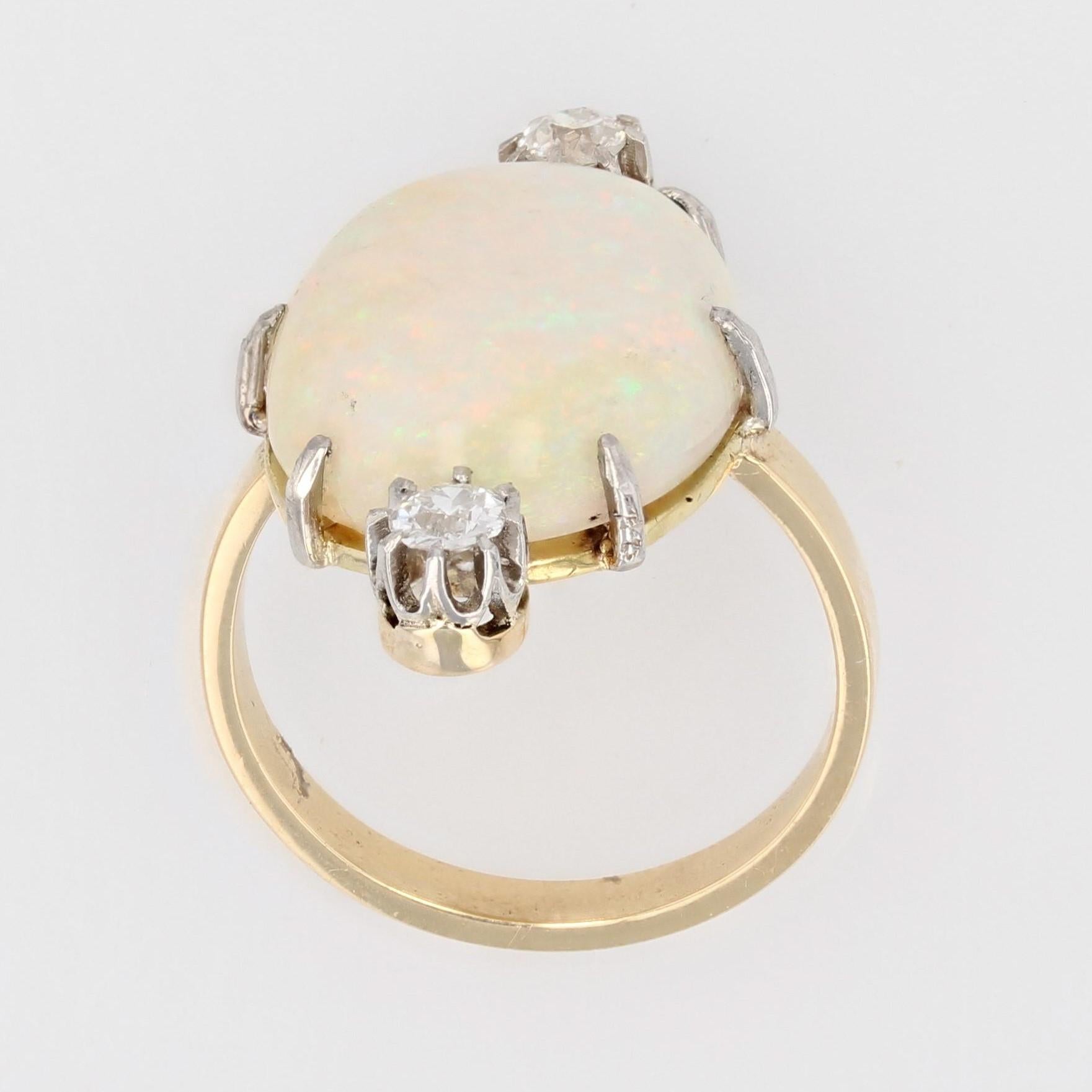French 20th Century Australian Opal Diamonds 18 Karat Yellow Gold Ring For Sale 8