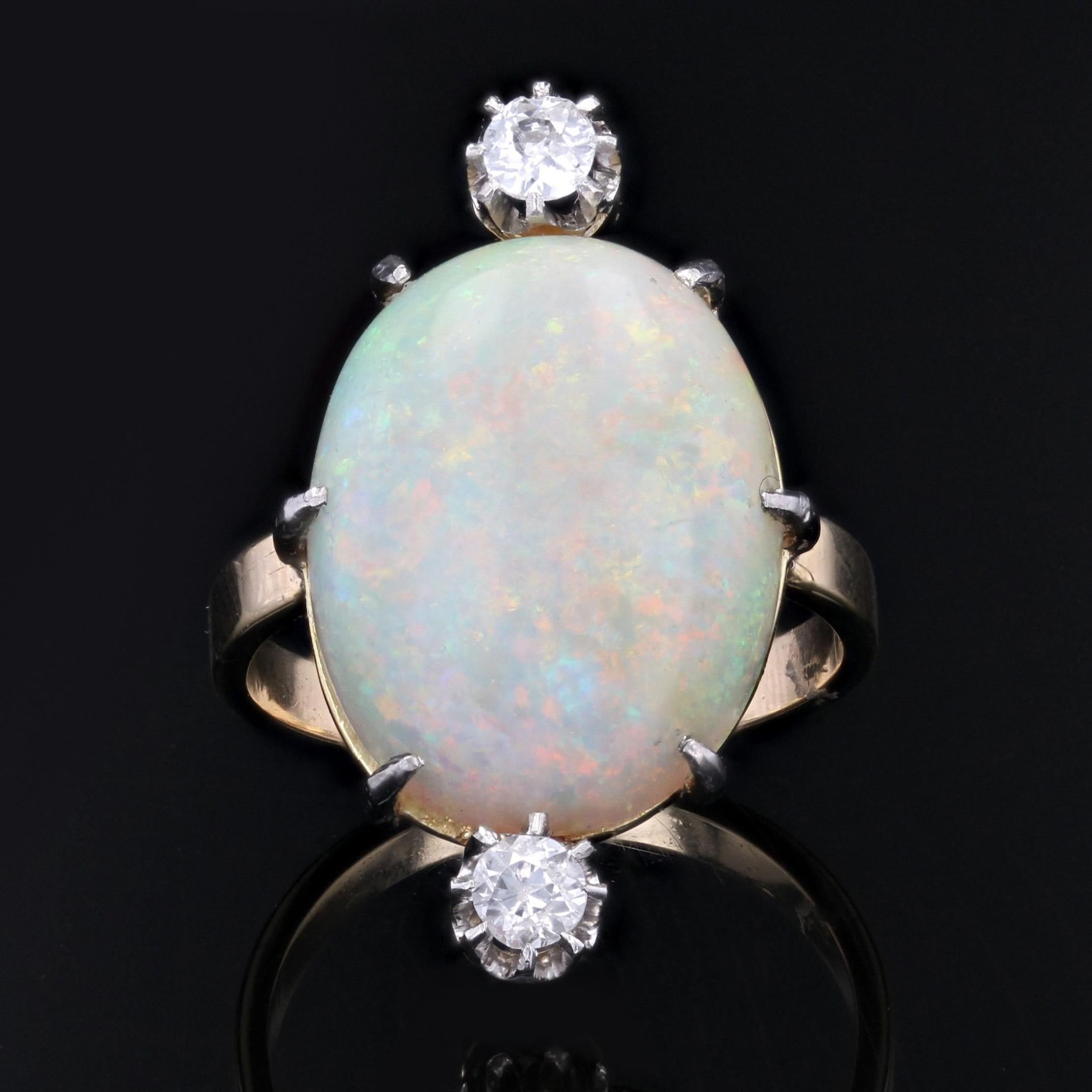 Cabochon French 20th Century Australian Opal Diamonds 18 Karat Yellow Gold Ring For Sale