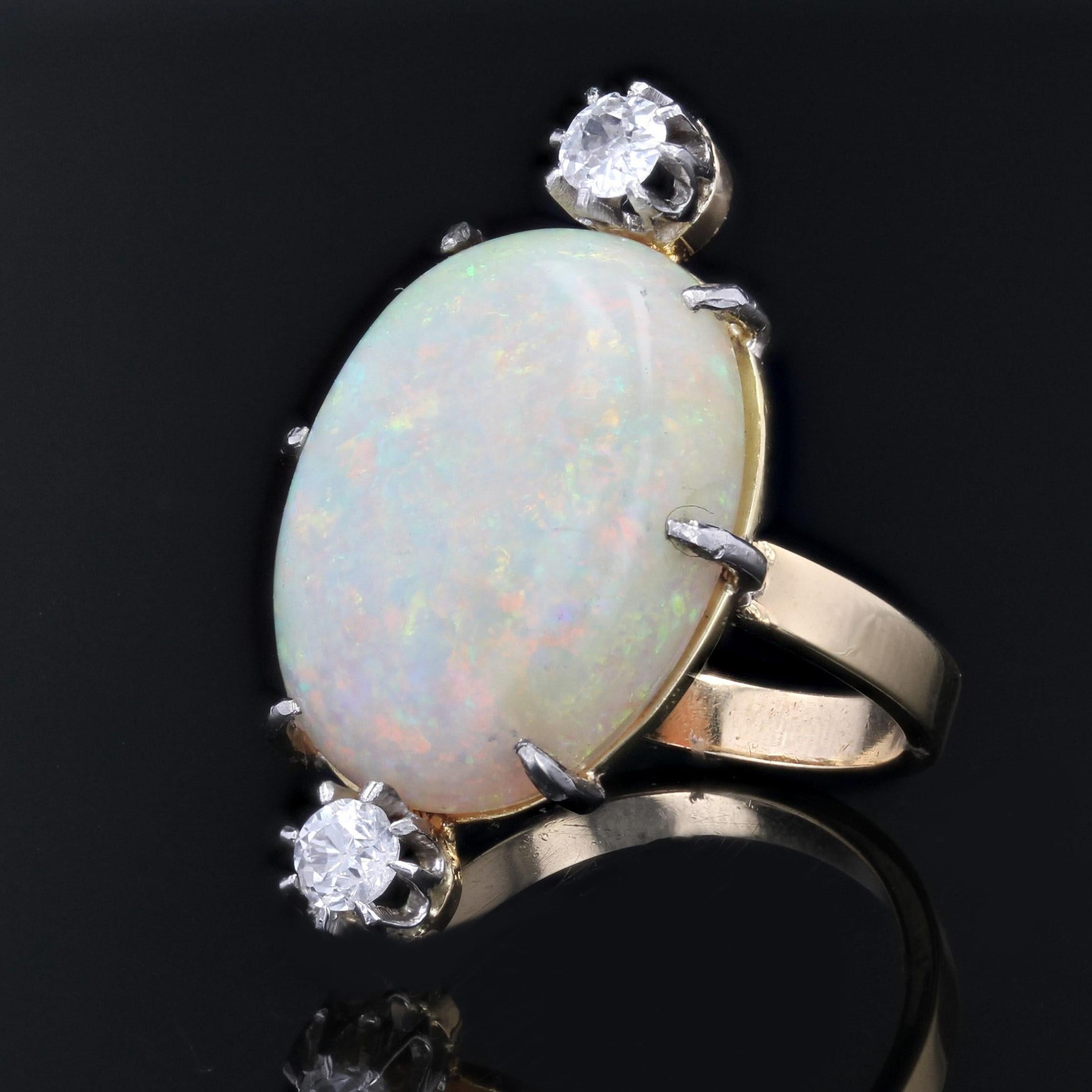 Women's French 20th Century Australian Opal Diamonds 18 Karat Yellow Gold Ring For Sale