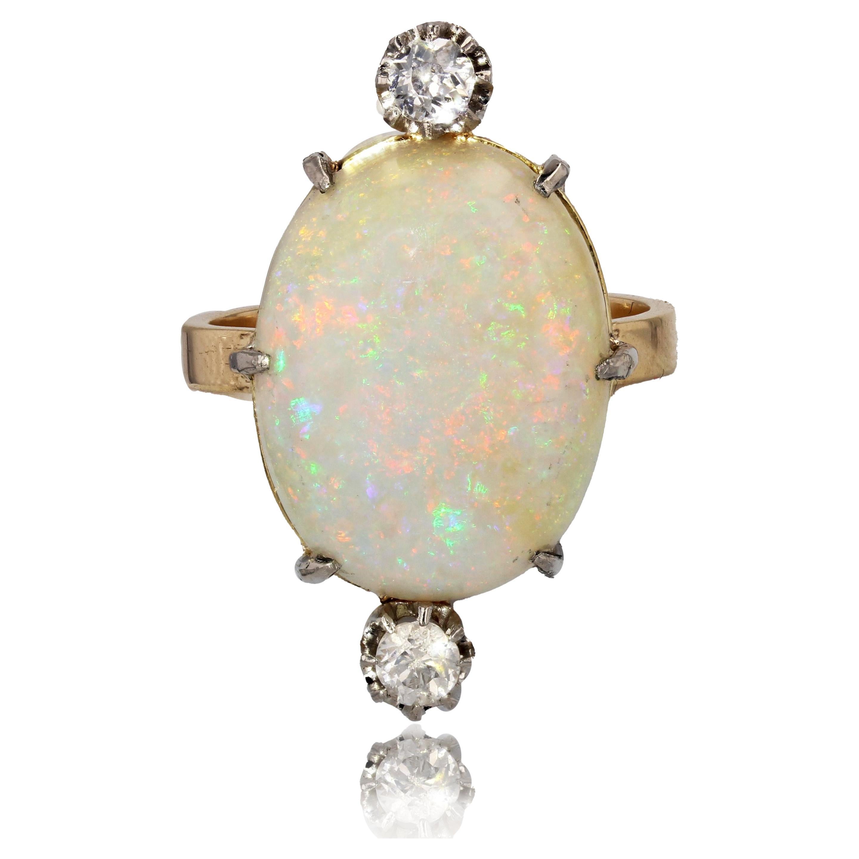 French 20th Century Australian Opal Diamonds 18 Karat Yellow Gold Ring For Sale