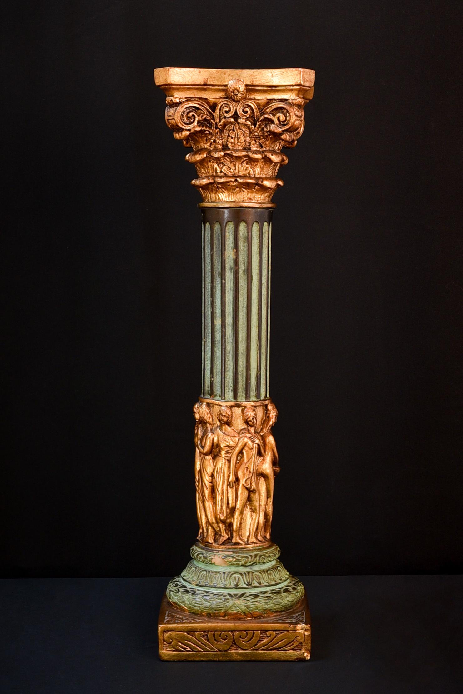 Column with baroque look. Made of a mix of concrete and plaster in gold and antique green (great patina). Some minor damage to the foot. 
