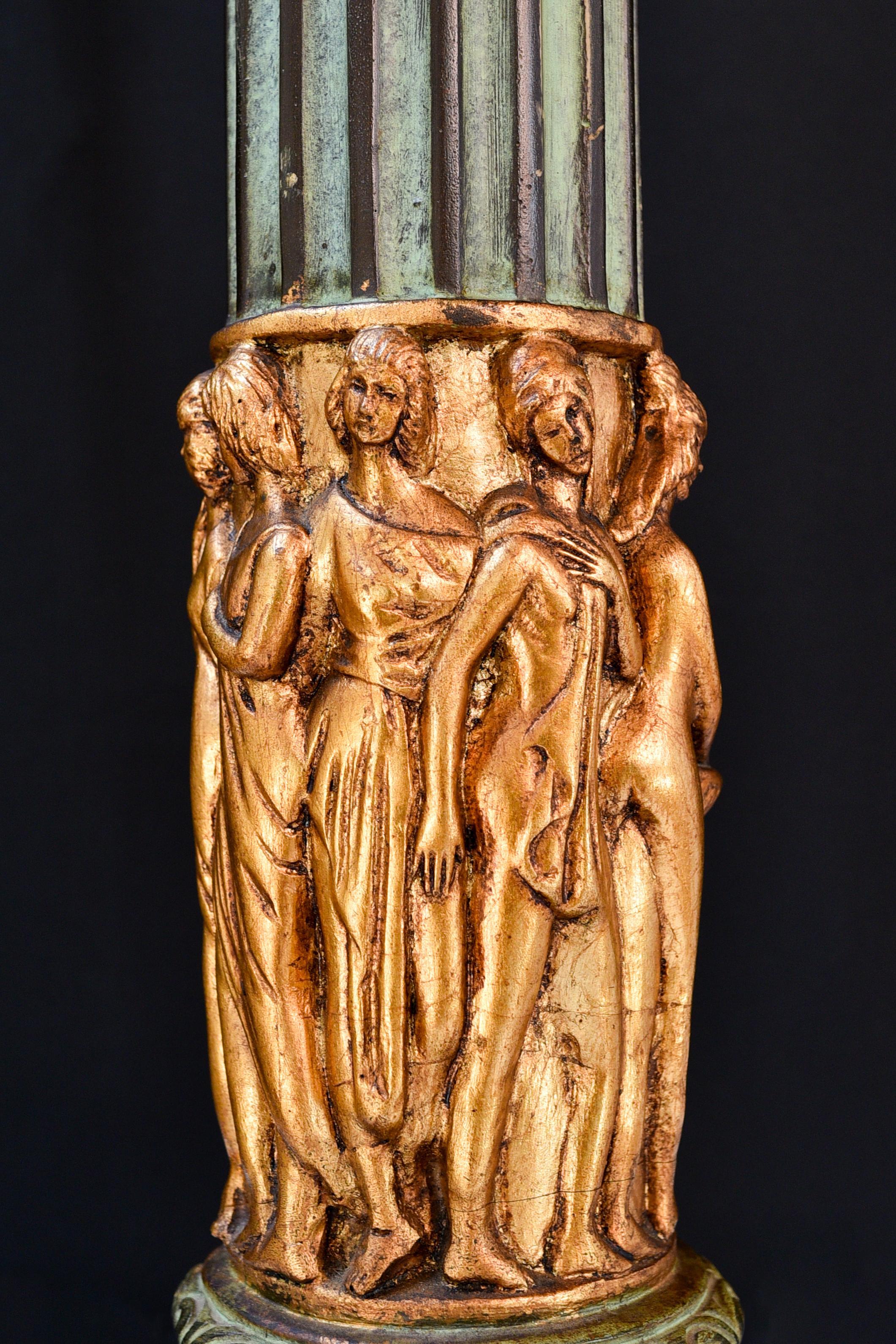 Hand-Painted French 20th century baroque-look column in decorative green and gold For Sale