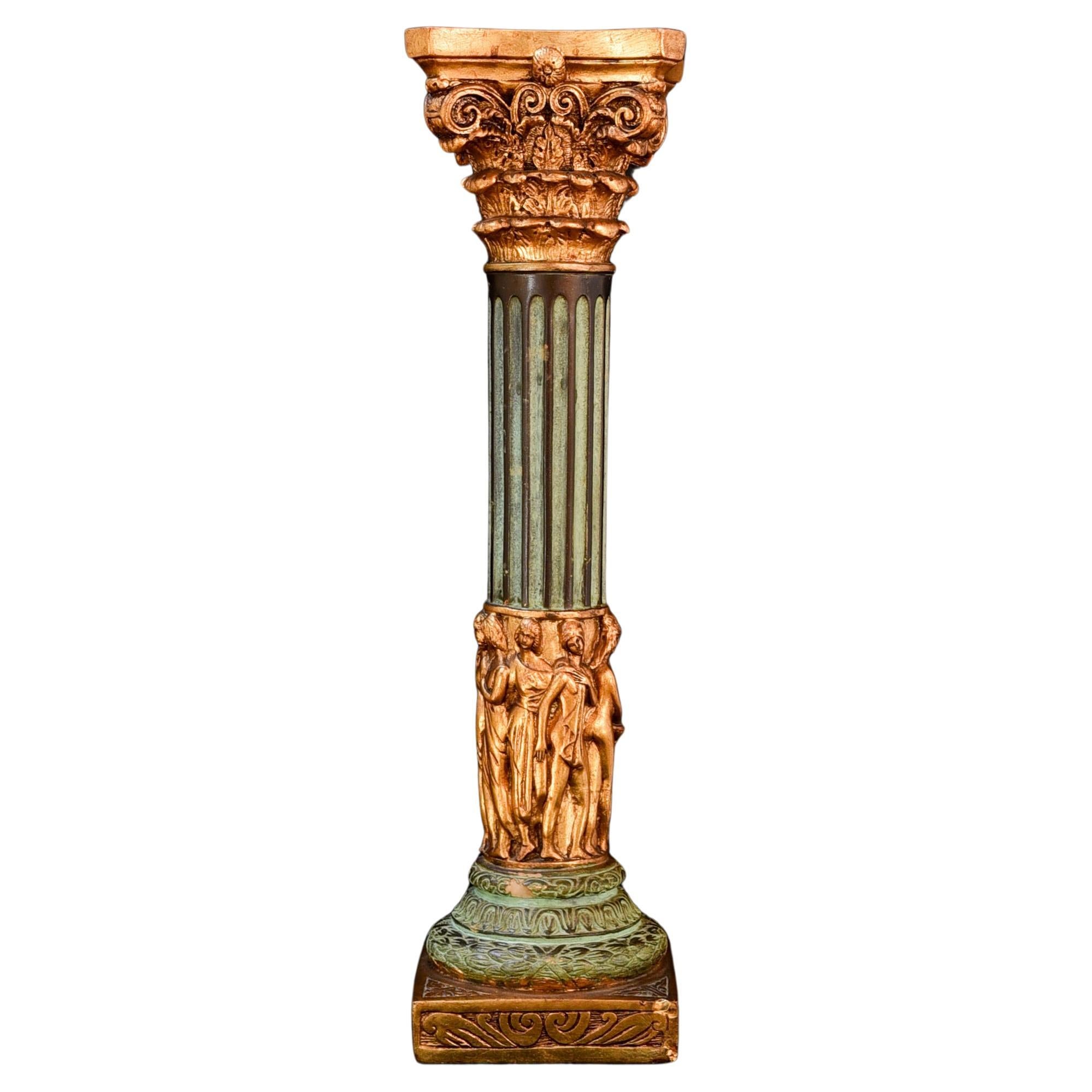 French 20th century baroque-look column in decorative green and gold For Sale