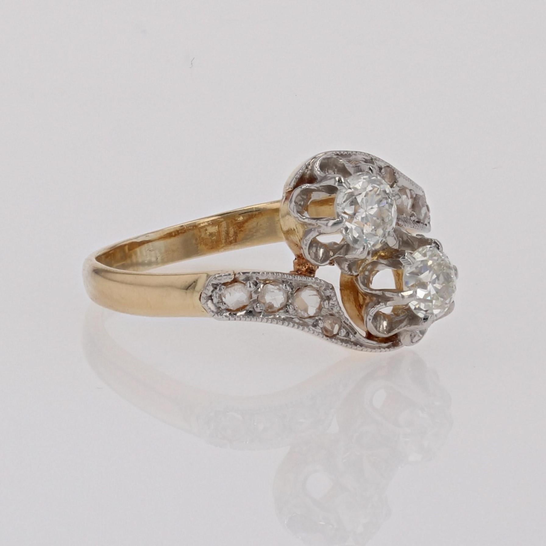 French 20th Century Belle Epoque Diamonds 18 Karat Yellow Gold You and Me Ring For Sale 5