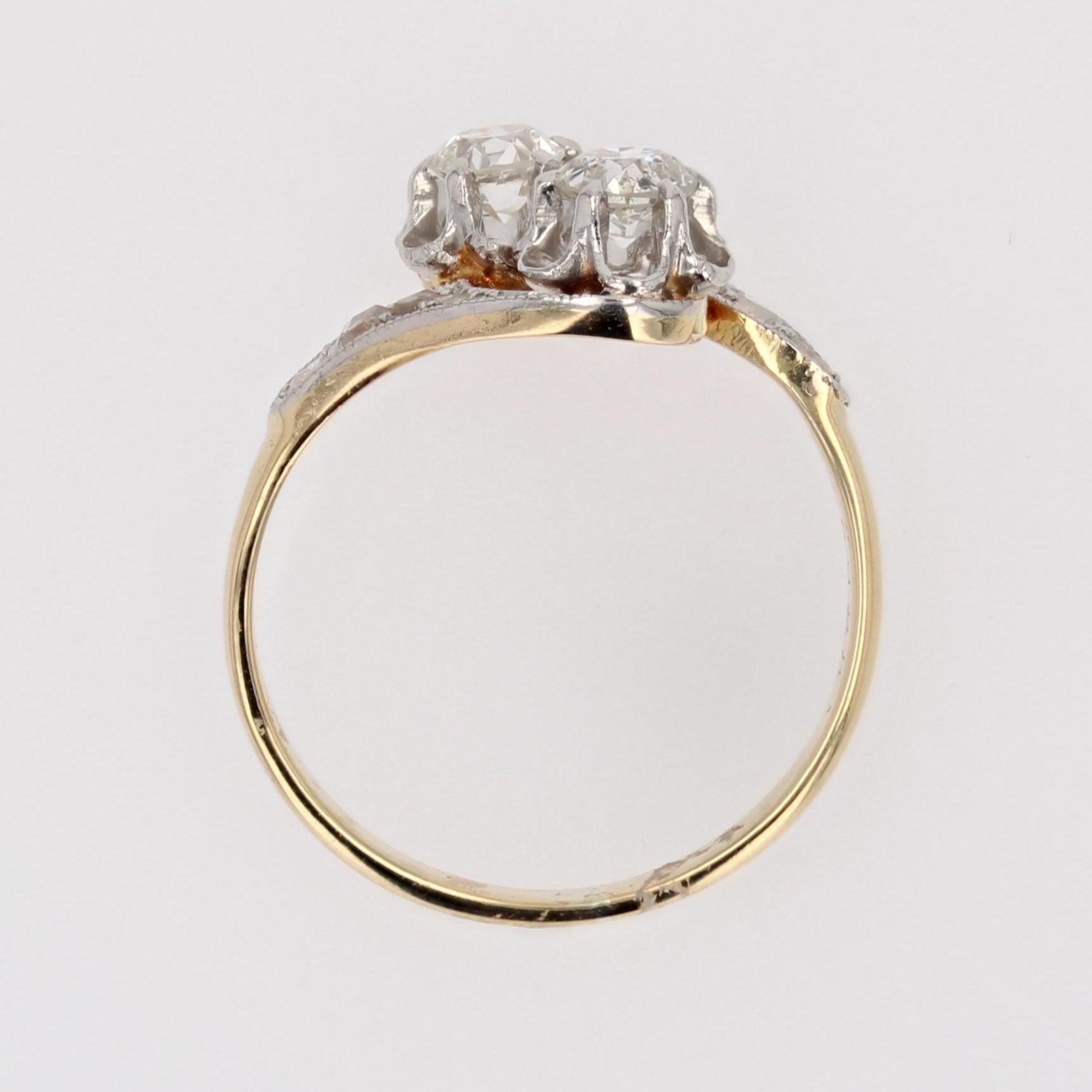 French 20th Century Belle Epoque Diamonds 18 Karat Yellow Gold You and Me Ring For Sale 9