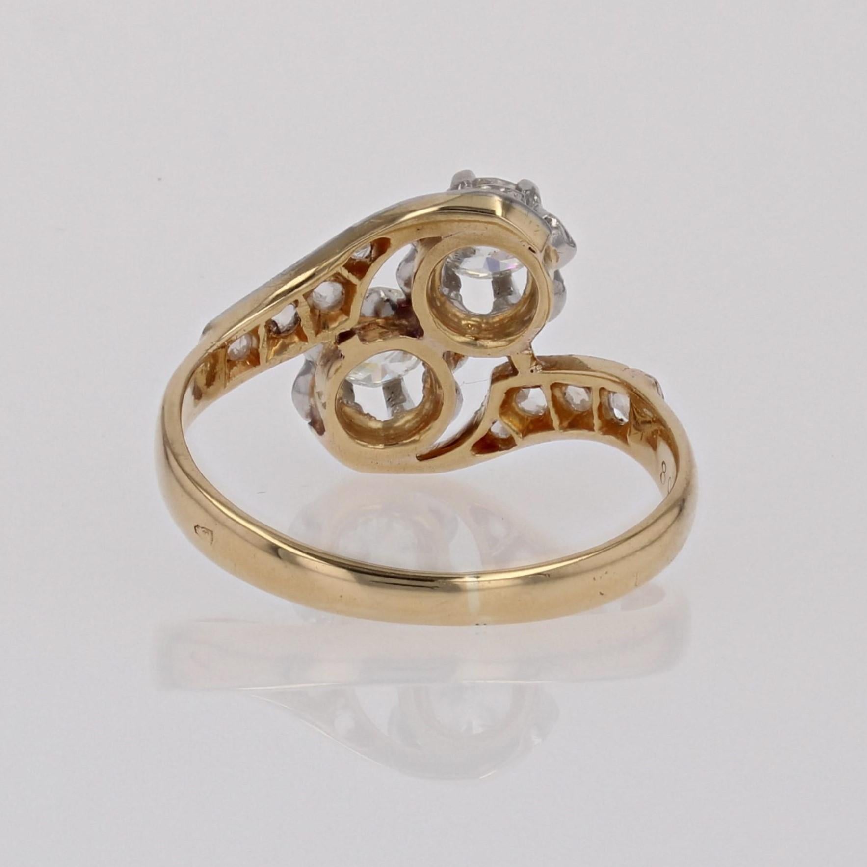 French 20th Century Belle Epoque Diamonds 18 Karat Yellow Gold You and Me Ring For Sale 10