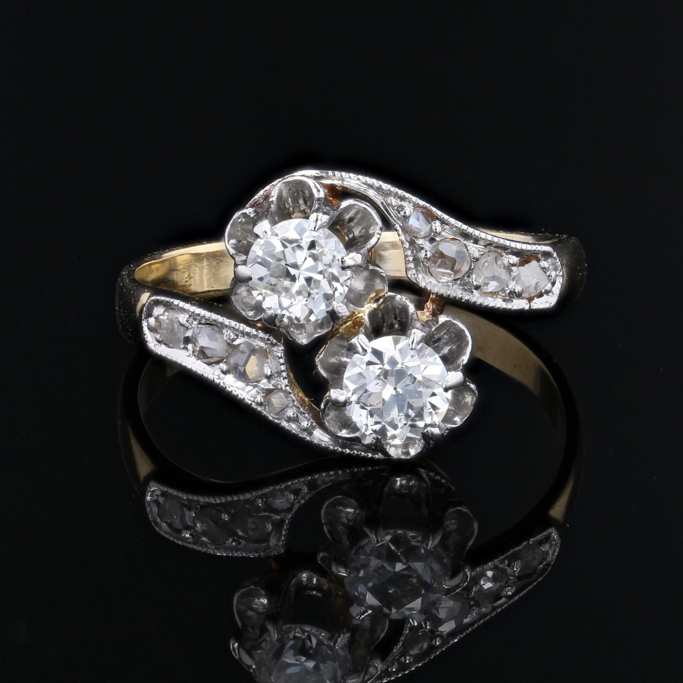 French 20. Jahrhundert Belle Epoque Diamanten 18 Karat Gelbgold You and Me Ring im Zustand „Gut“ im Angebot in Poitiers, FR