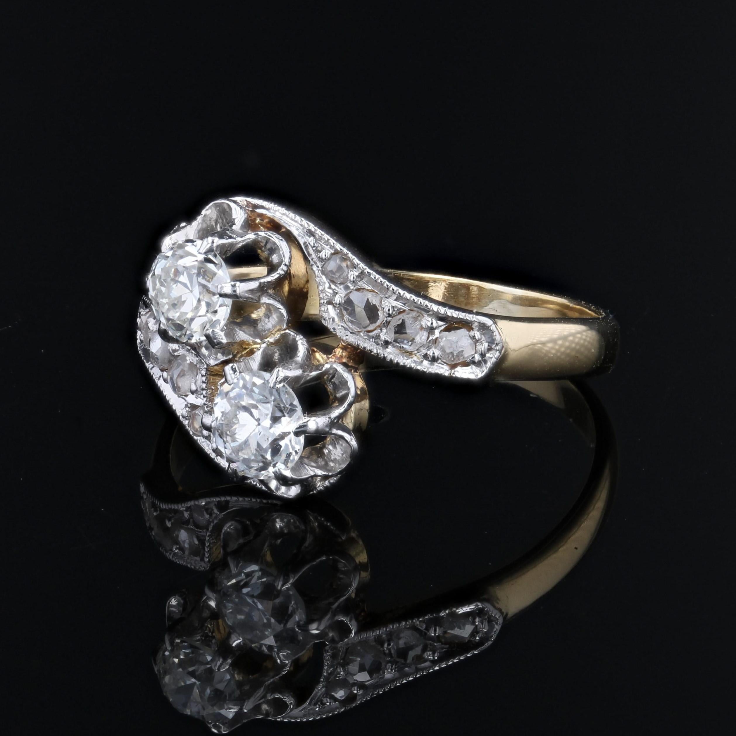 French 20th Century Belle Epoque Diamonds 18 Karat Yellow Gold You and Me Ring For Sale 1