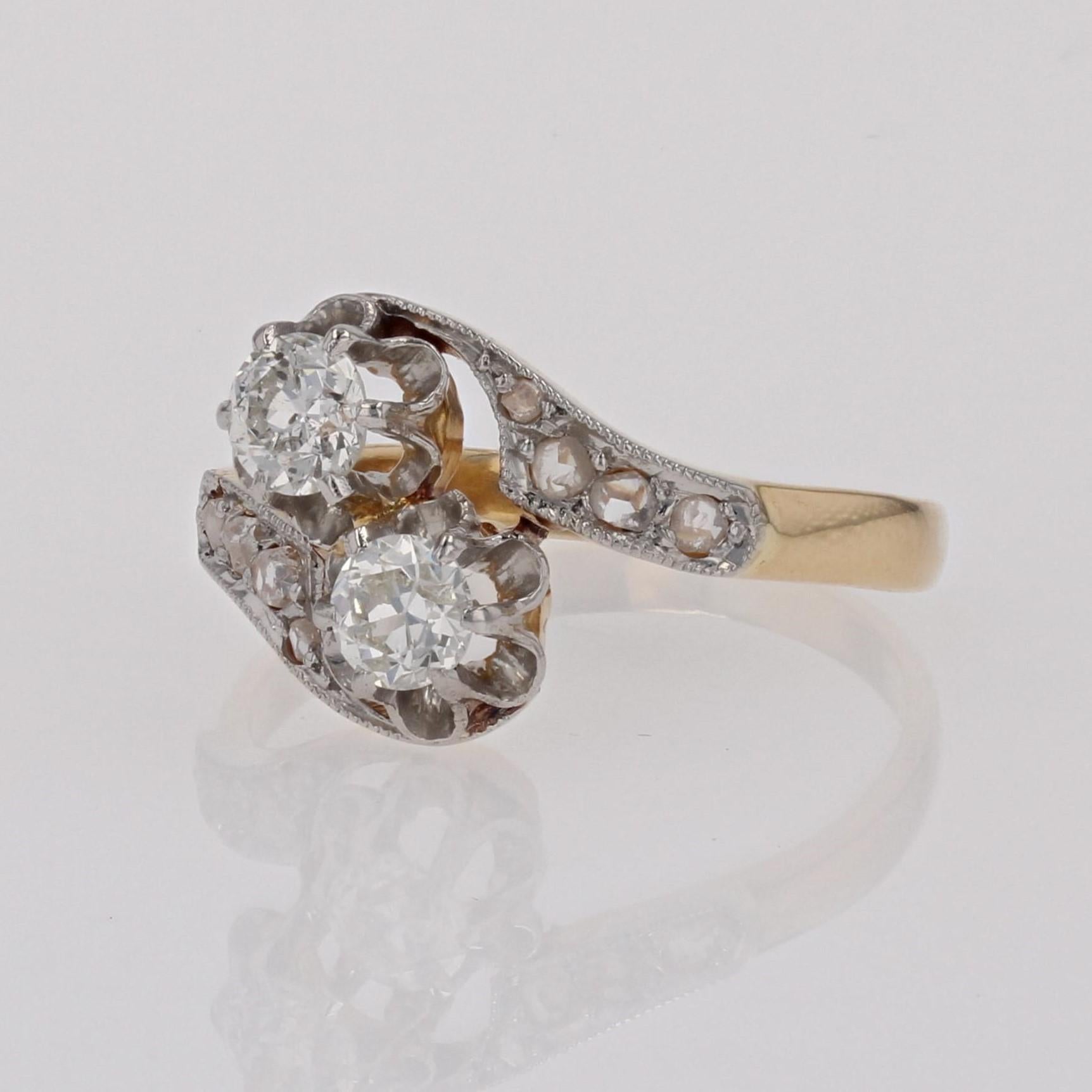 French 20th Century Belle Epoque Diamonds 18 Karat Yellow Gold You and Me Ring For Sale 2