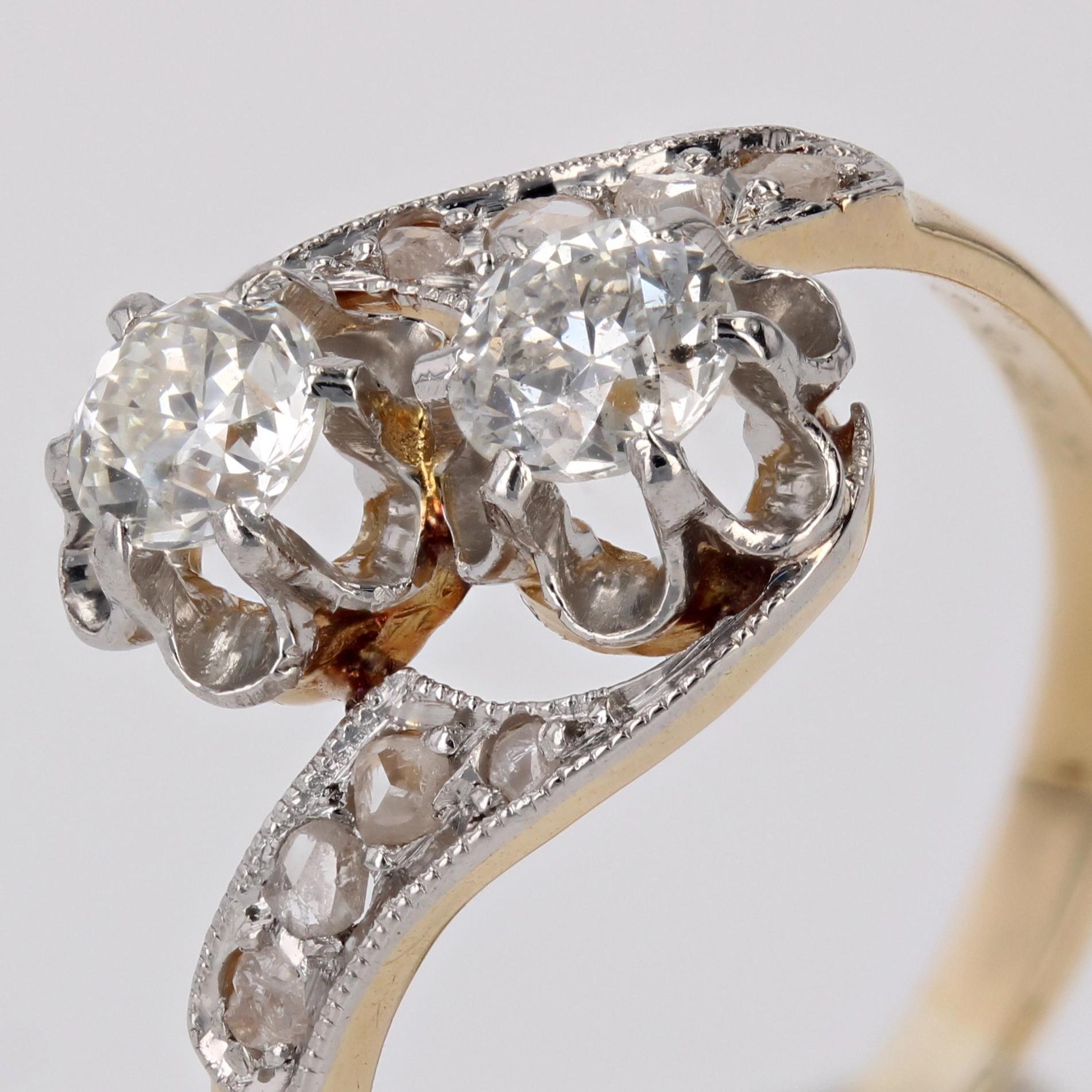 French 20th Century Belle Epoque Diamonds 18 Karat Yellow Gold You and Me Ring For Sale 3