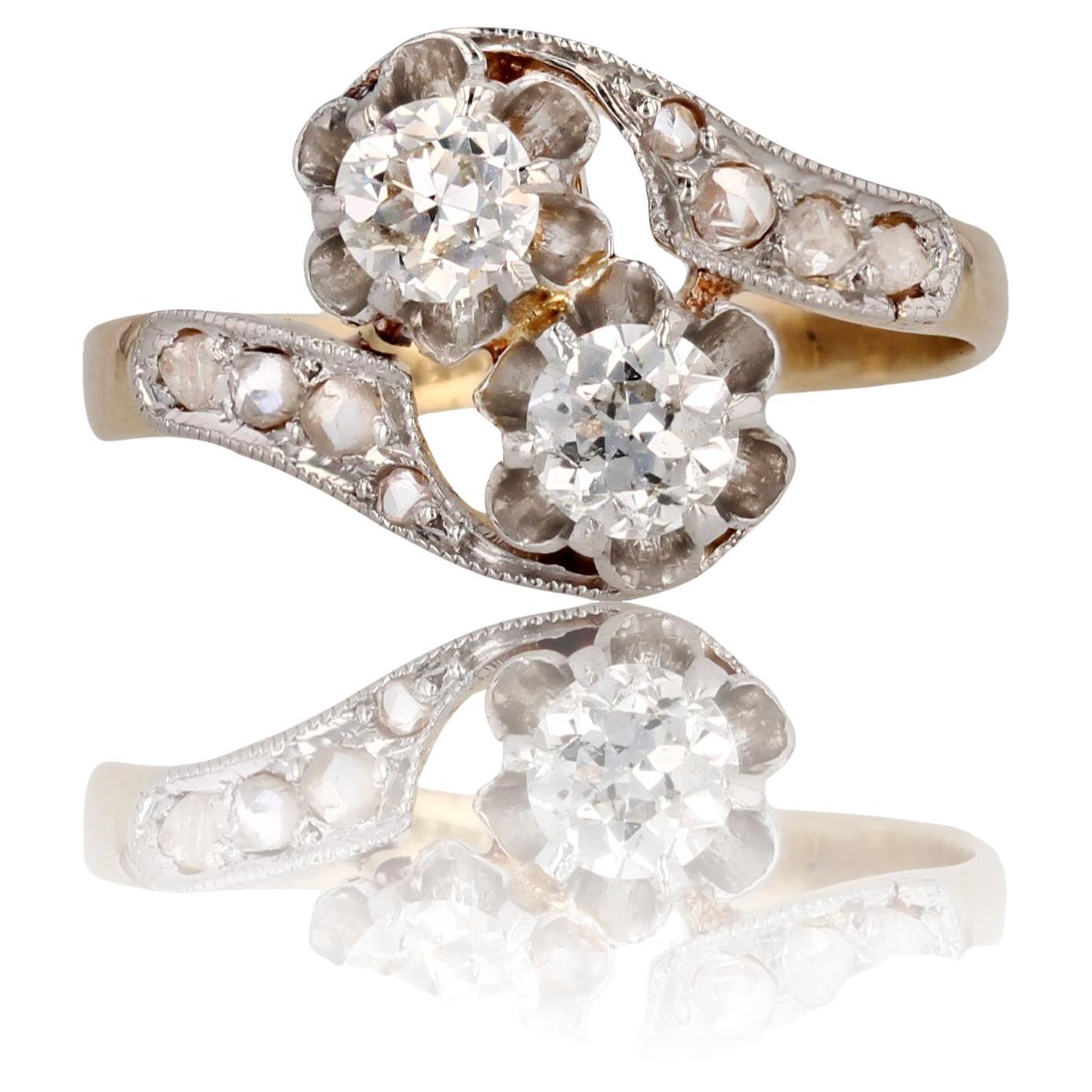 French 20th Century Belle Epoque Diamonds 18 Karat Yellow Gold You and Me Ring For Sale