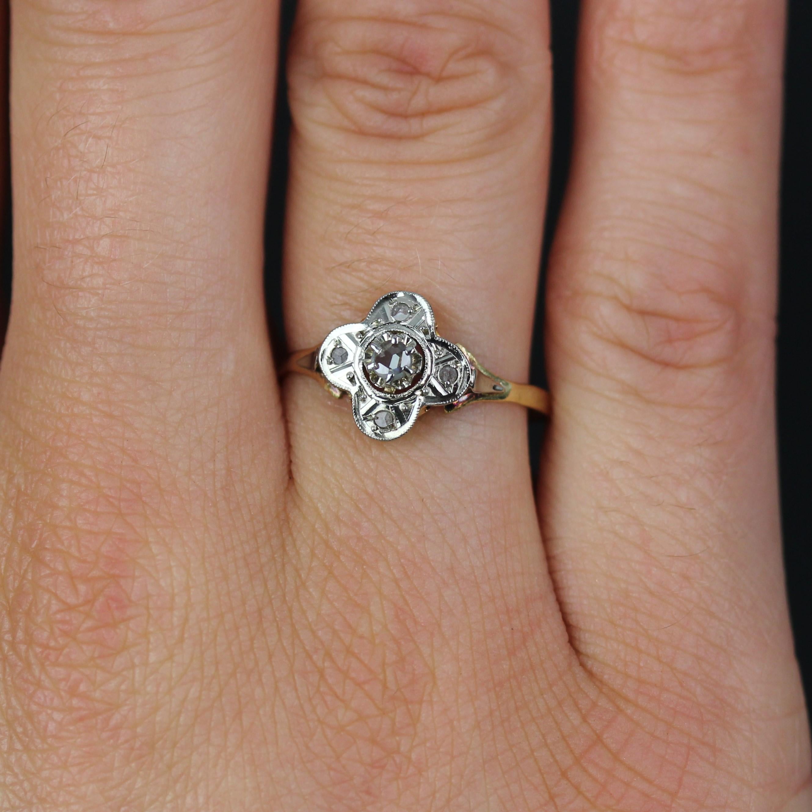 Rose Cut French 20th Century Belle Epoque Diamonds 18 Karat Yellow White Gold Clover Ring