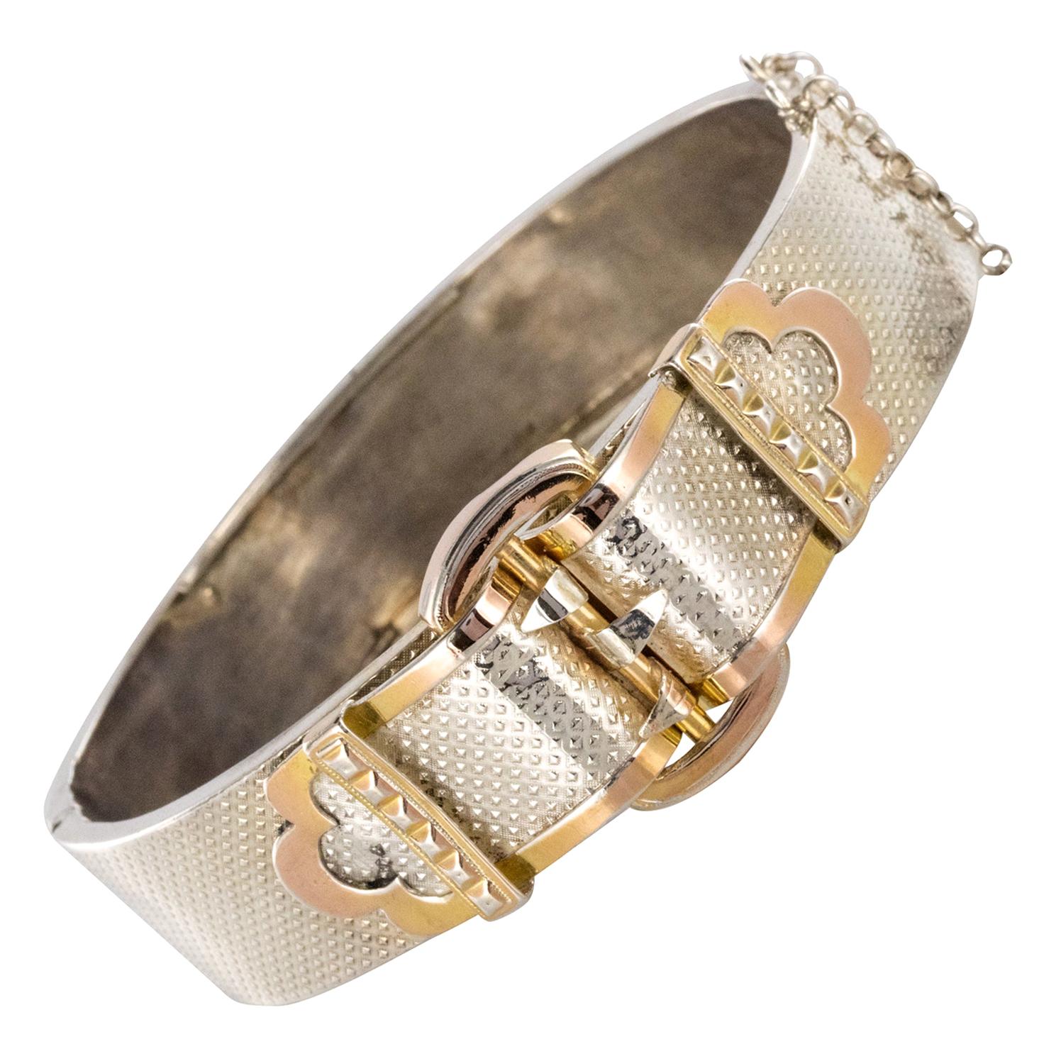 French 20th Century Belt Pattern Silver Bangle Bracelet
