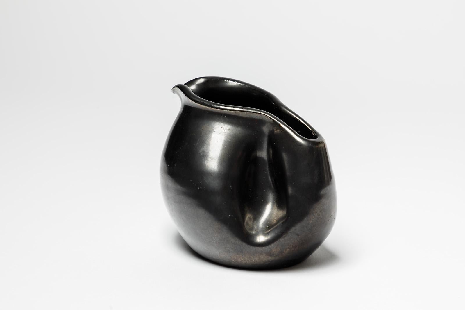 Mid-Century Modern French 20th Century Black Ceramic Pitcher circa 1950 Handmade Design For Sale