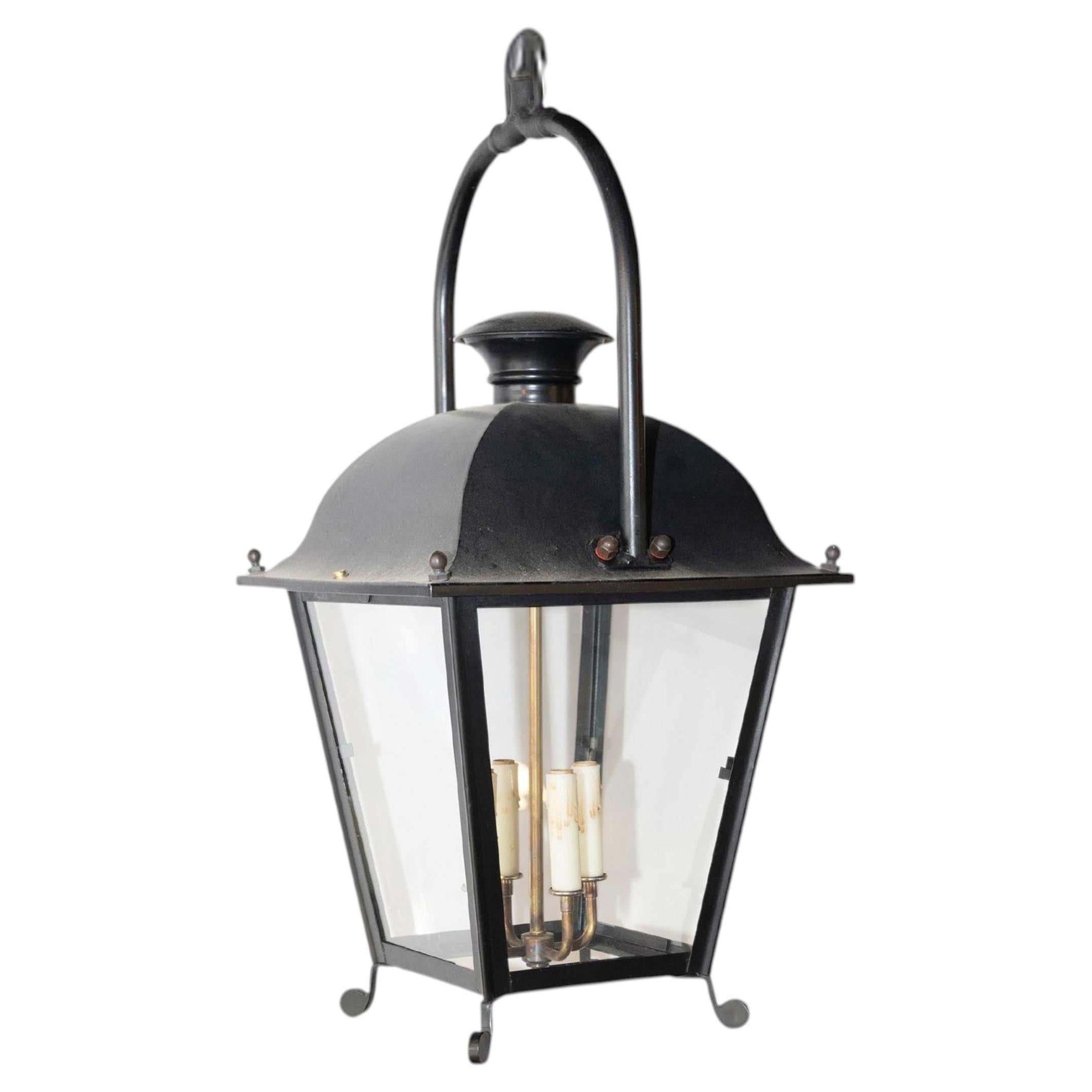 French 20th Century Black Iron Four-Light Lantern with Glass Panels, Sold Each