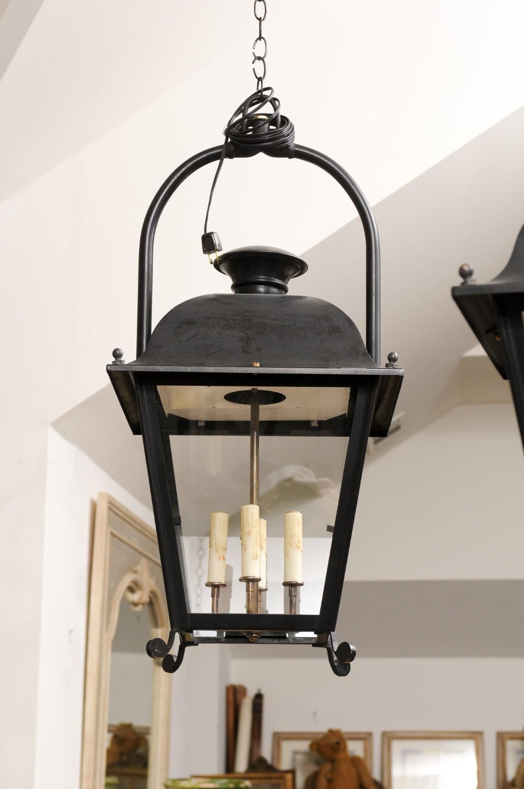 French 20th Century Black Iron Four-Light Lanterns with Glass Panels, Sold Each For Sale 8