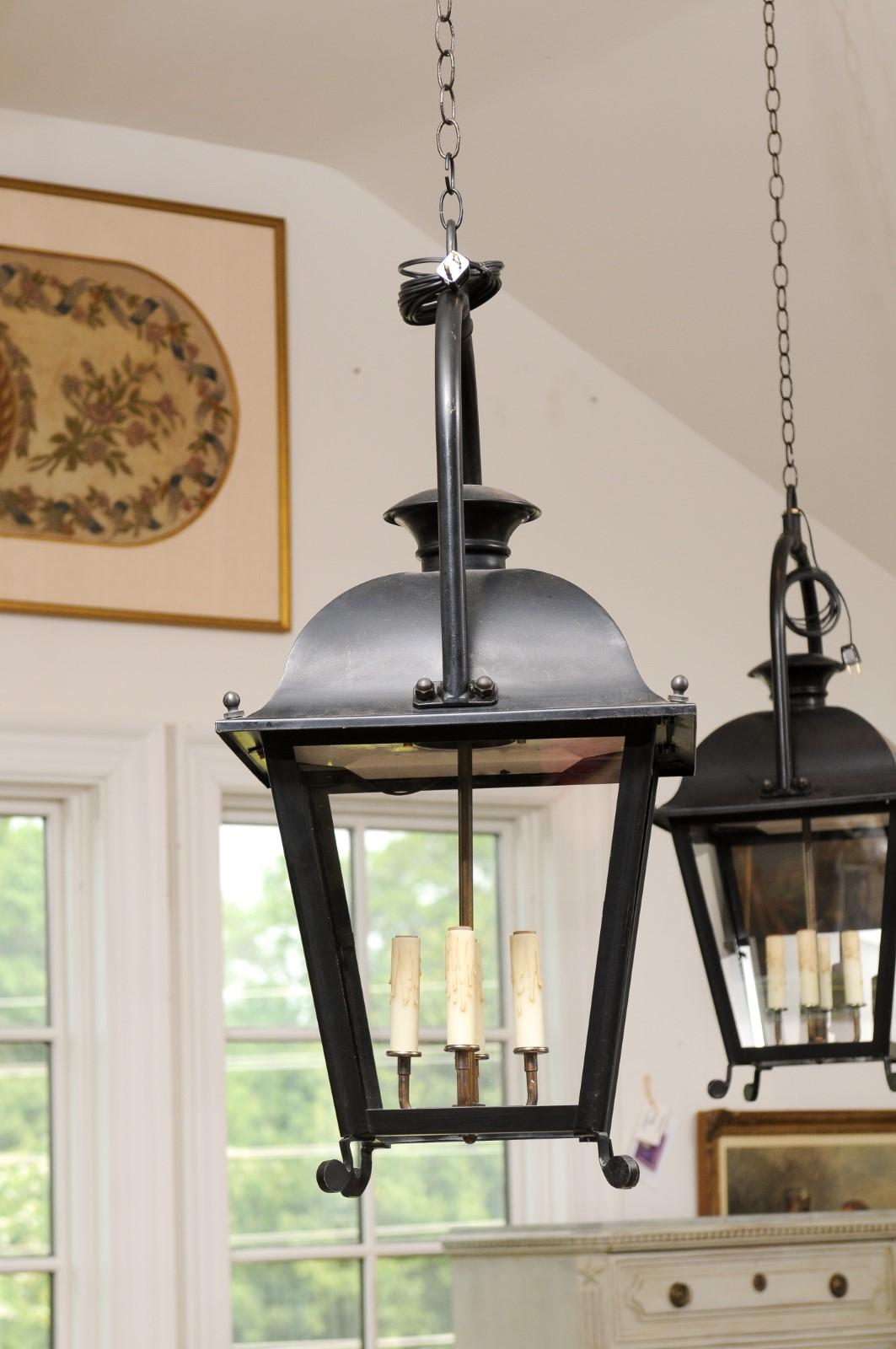 French 20th Century Black Iron Four-Light Lanterns with Glass Panels, Sold Each 1