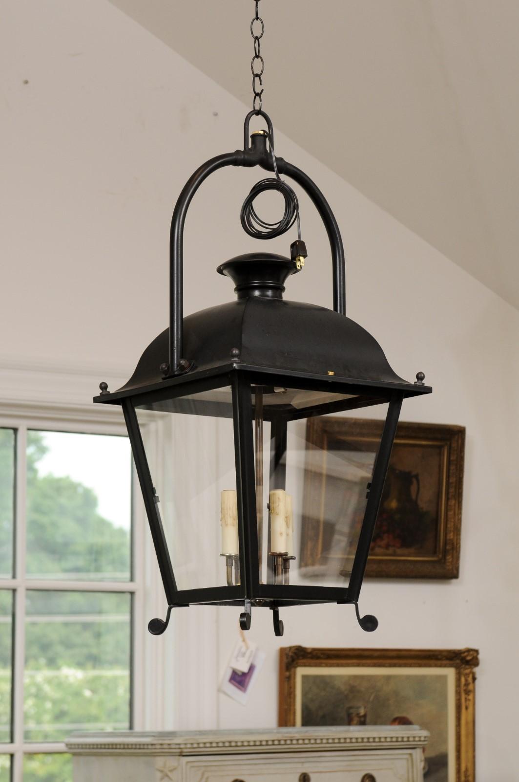 French 20th Century Black Iron Four-Light Lanterns with Glass Panels, Sold Each For Sale 3