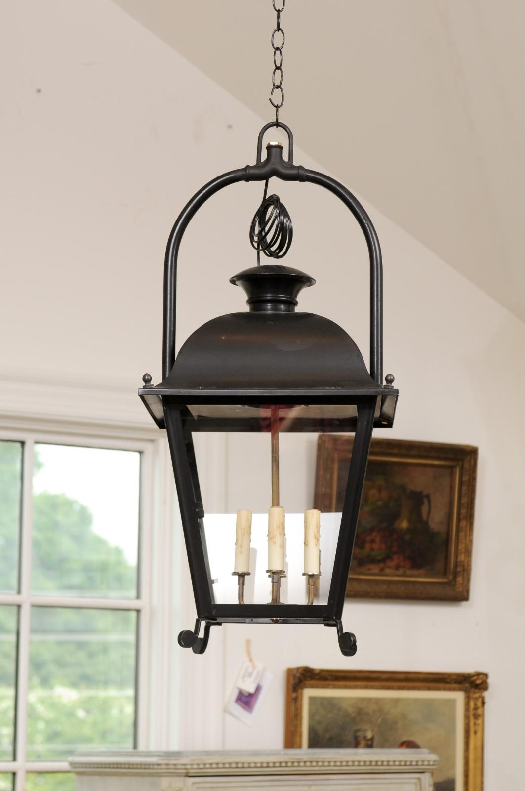 French 20th Century Black Iron Four-Light Lanterns with Glass Panels, Sold Each For Sale 5