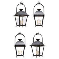 French 20th Century Black Iron Four-Light Lanterns with Glass Panels, Sold Each