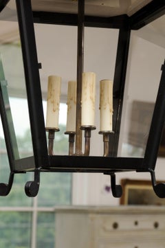 French 20th Century Black Painted Iron Four-Light Lantern with Glass Panels