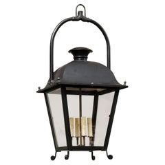 French 20th Century Black Painted Iron Four-Light Lantern with Glass Panels