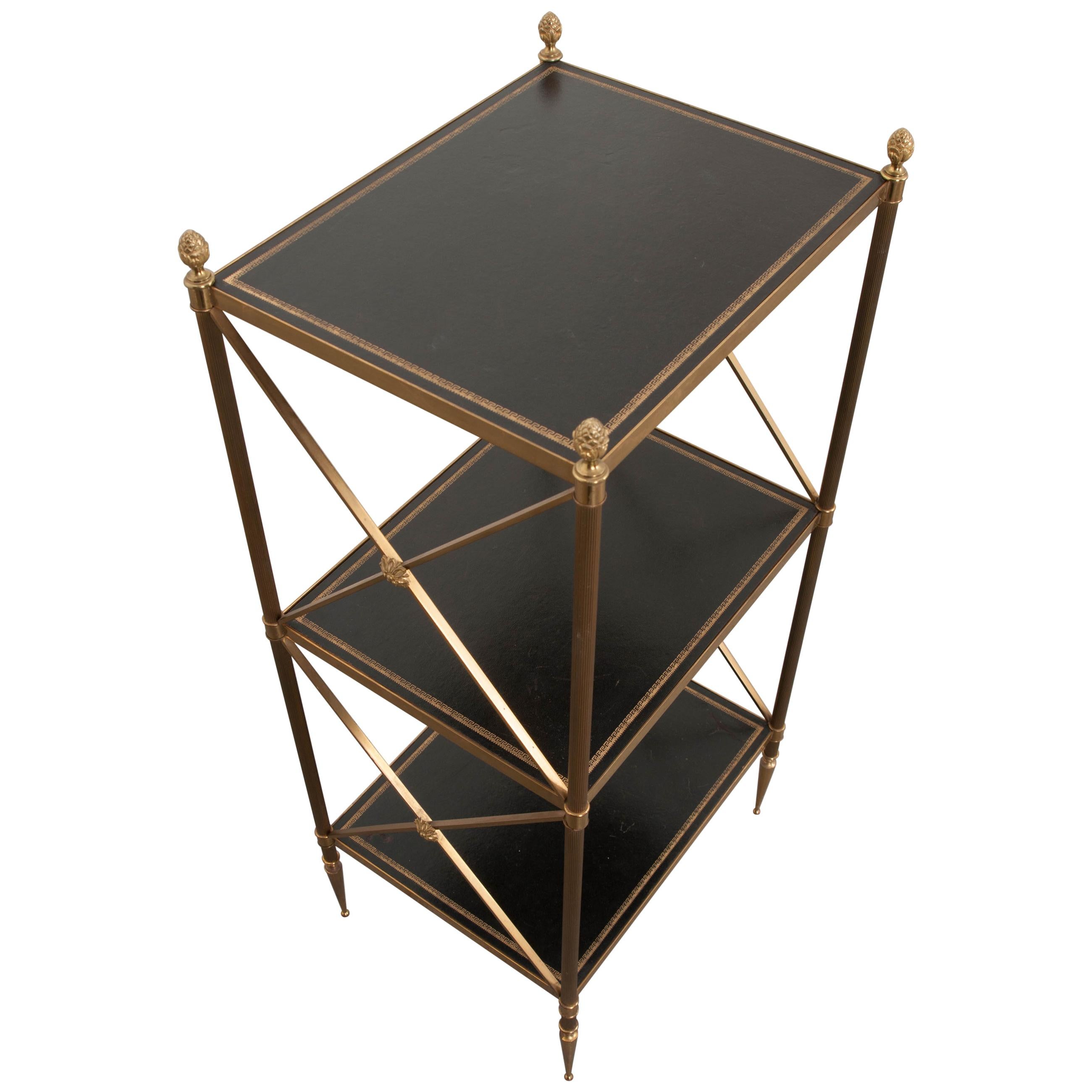 French 20th Century Brass and Leather Neoclassical-Style Étagère