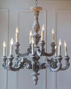 French 20th Century Carved and Painted Wood Twelve-Light Chandelier