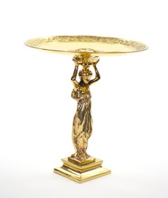 French 20th Century Classical Brass Maiden Figural Centerpiece with Relief Medal